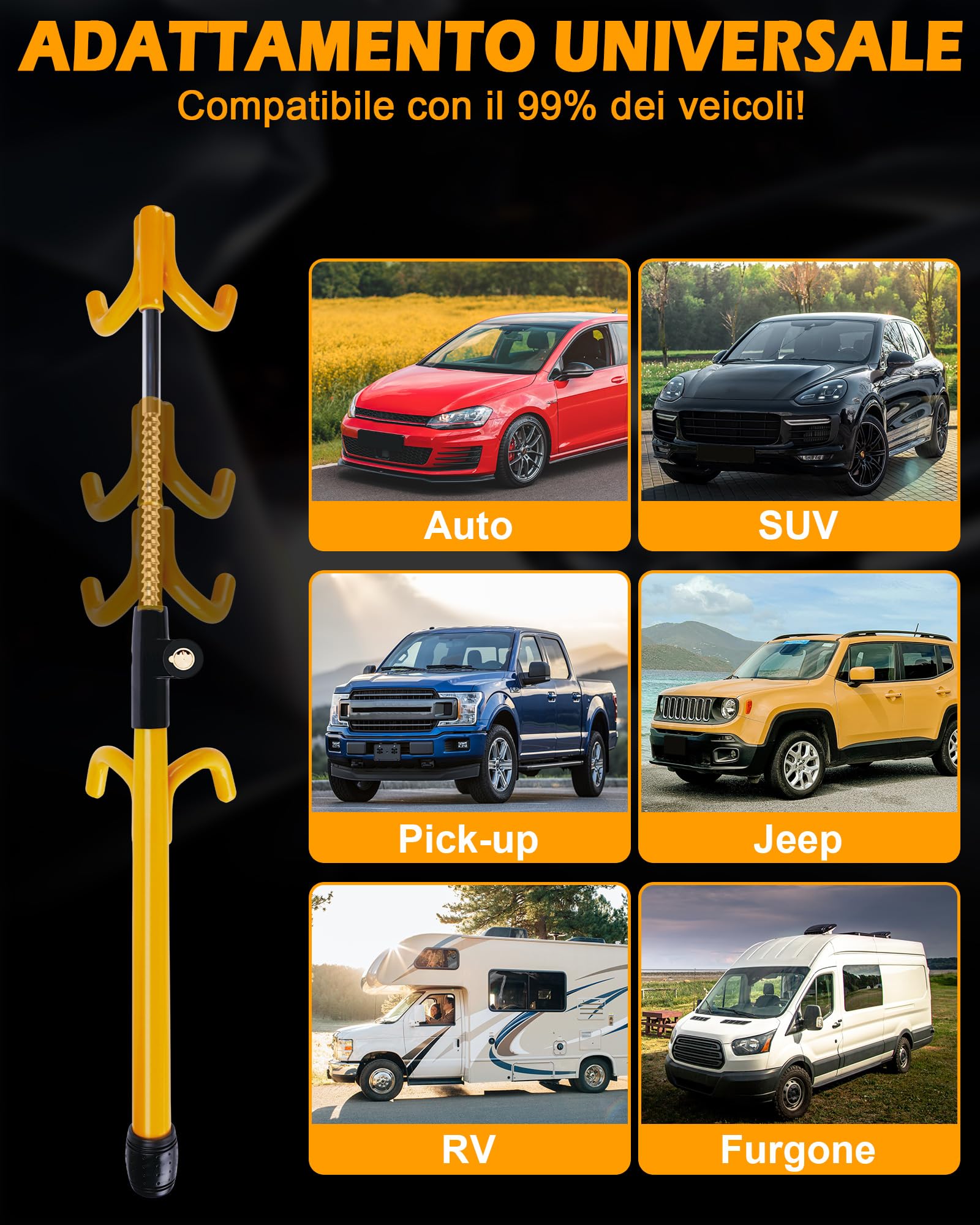 Tevlaphee Bloccasterzo a 4 Ganci, Dispositivo Antifurto Robusto ad Alta Visibilità, Compatibilità Universale per Auto, Furgoni, SUV, Adatto a Volanti fino a 41,5 cm, con 3 Chiavi(Giallo)
