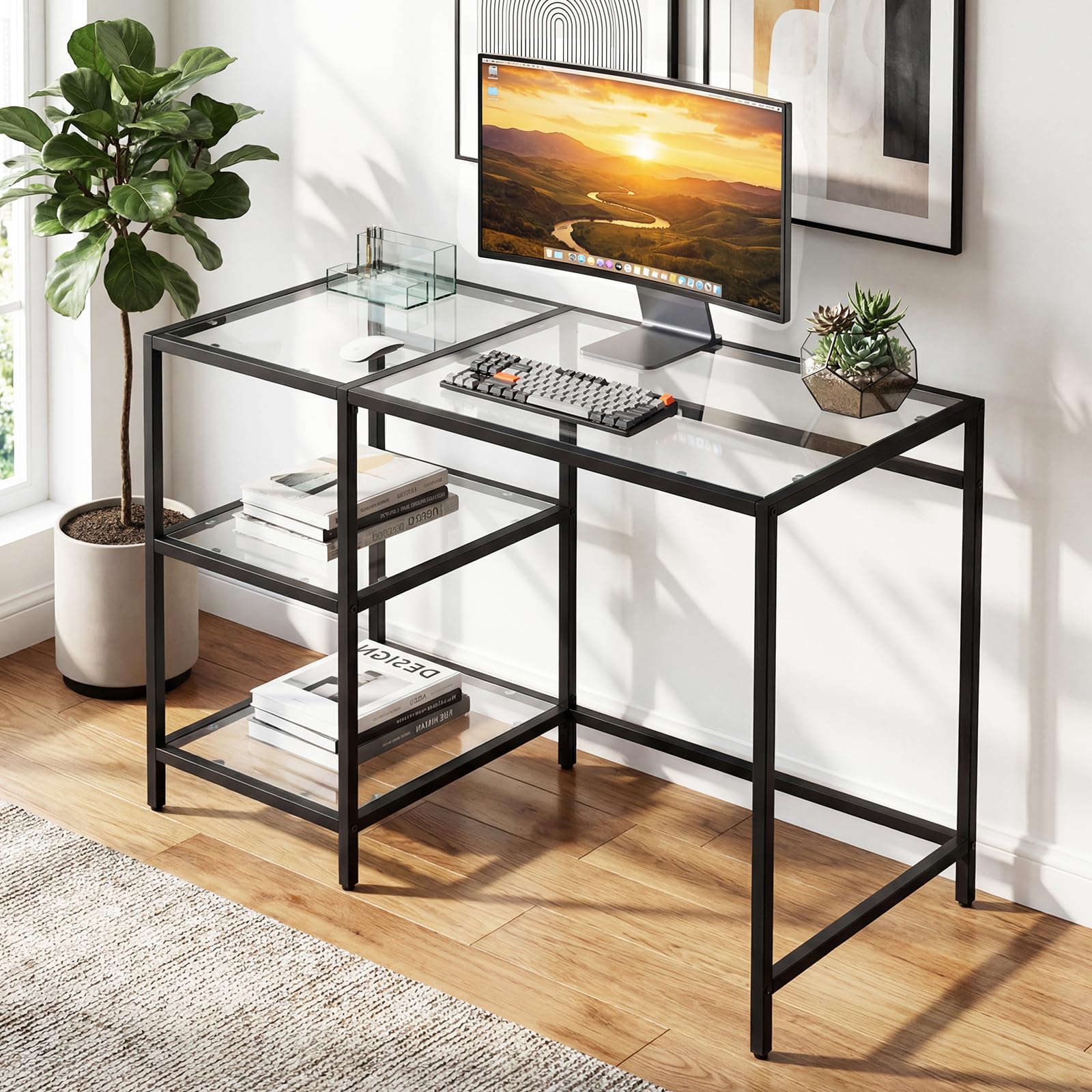 SOARS Bureau avec Rangement en Verre Trempé 106 x 51 x 77 cm, Table d’Ordinateur Multifonction avec 2 Étagères, Console Coiffeuse Moderne, Cadre en Acier, pour Chambre, Salon (Noir)