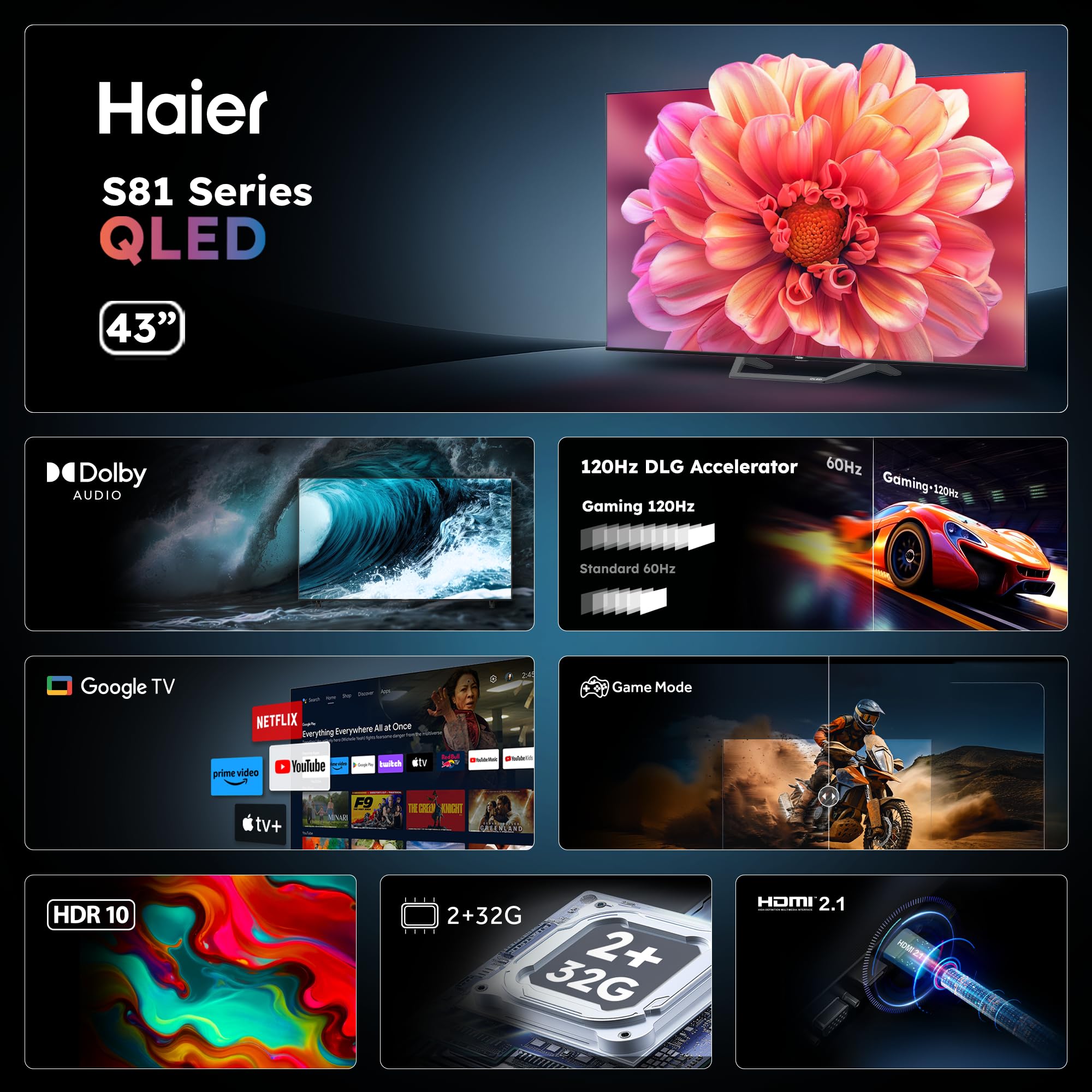 Haier QLED 4K UHD S81FUX - 43", Smart TV, Google TV, Dolby Audio, HDR10, Télécommande Intelligente, Google Assistant, Bluetooth 5.1, Gaming Accelerator, USB 2.0, DBX TV, HDMI 2.1 x 4