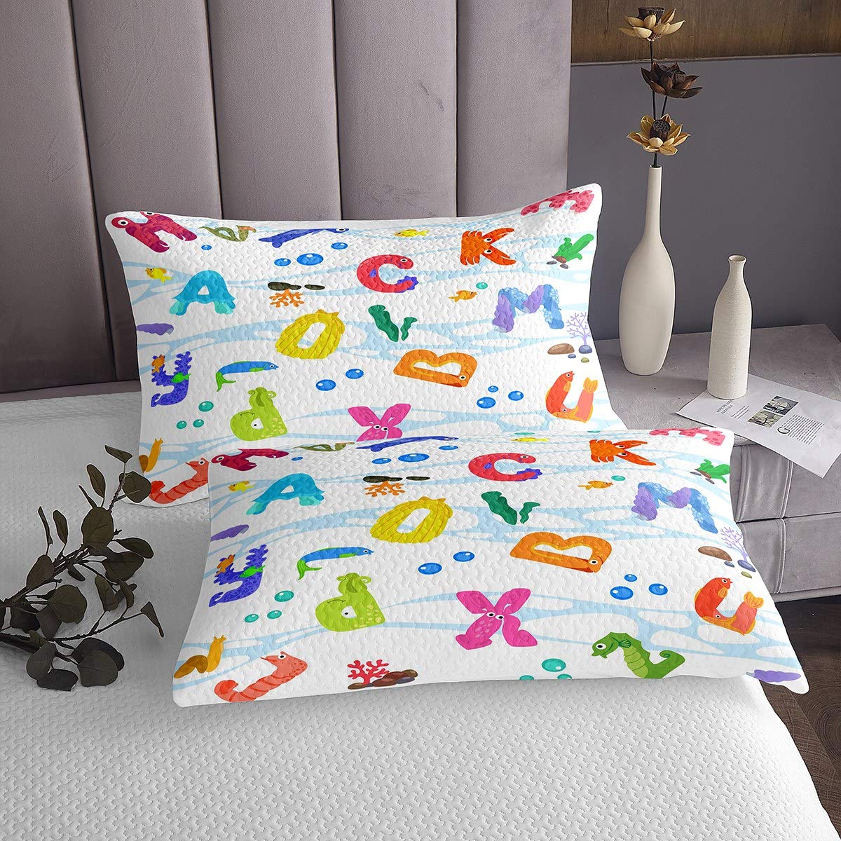 Set copriletto trapuntato motivo: creature oceaniche con lettere colorate per e ragazze vita marina Sealife trapuntata coperta mare subacquea animale trapuntato letto singola170X230cm