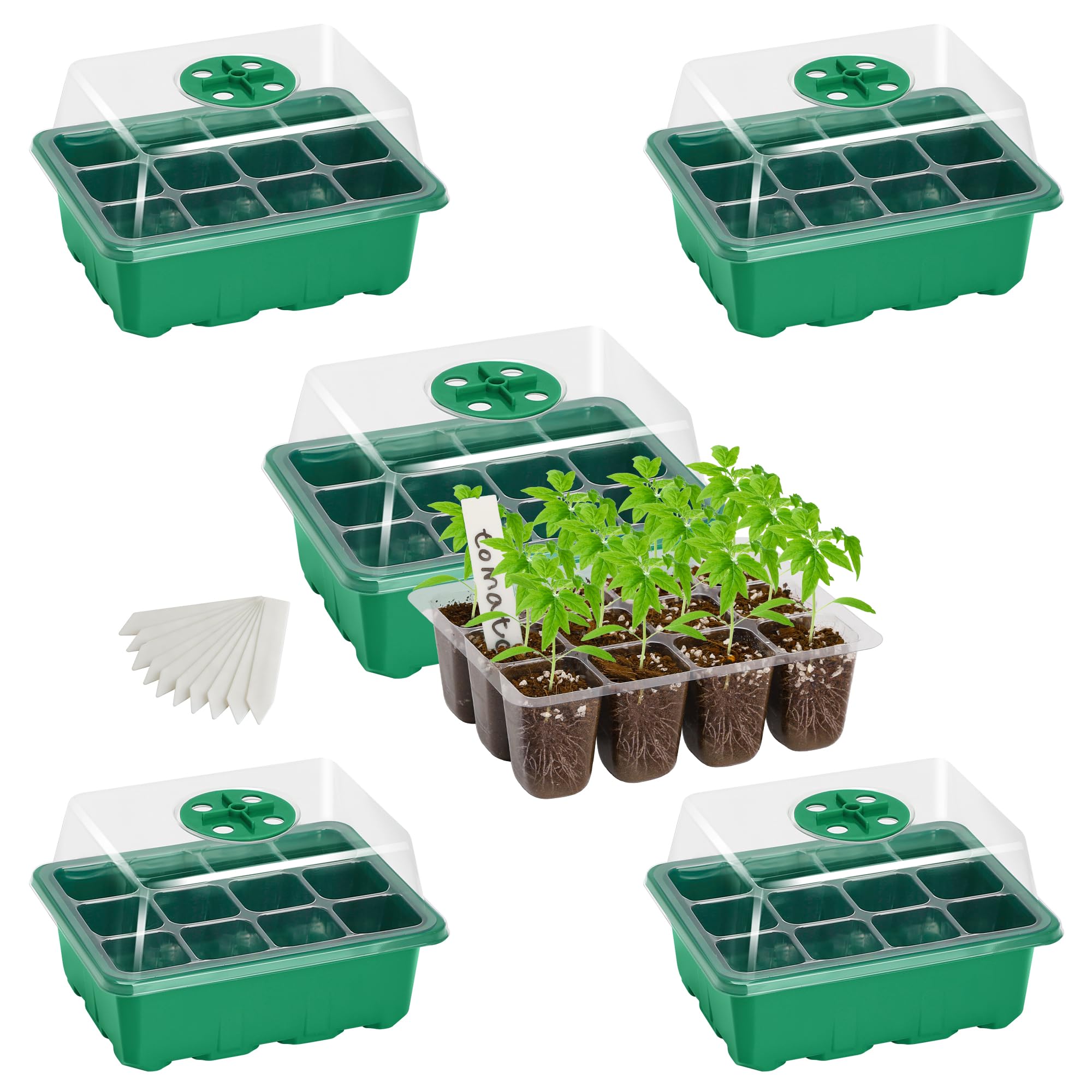 Bonviee 5-Pack Seed Starter Trays, Seed Starter Kit with Adjustable Humidity Dome and Base Indoor Greenhouse Mini Propagator for Seeds Growing Starting (12 Cells Per Tray, Green)