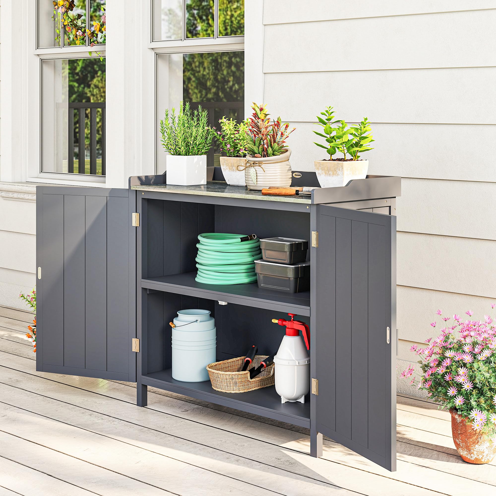 Outsunny Armadietto da Esterno in Legno di Abete con Piano da Lavoro in Metallo Zincato e 2 Ripiani Porta Attrezzi, 98x48x95.5 cm, Grigio