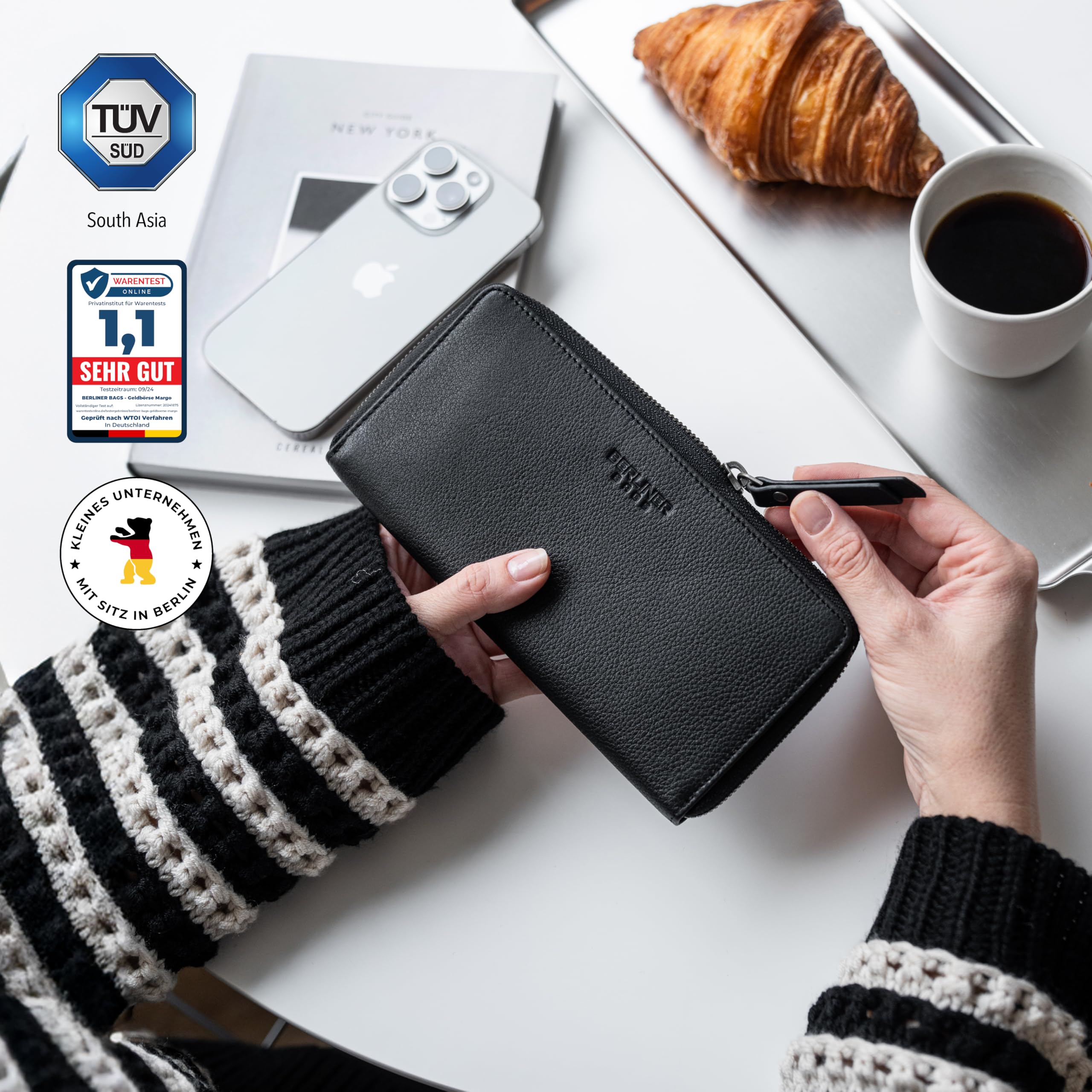 Berliner Bags Premium Geldbörse Margo, Große Portemonnaie aus Leder, Geldbeutel TÜV-geprüftem RFID-Schutz, inkl. Geschenk-Box, für Damen - Schwarz