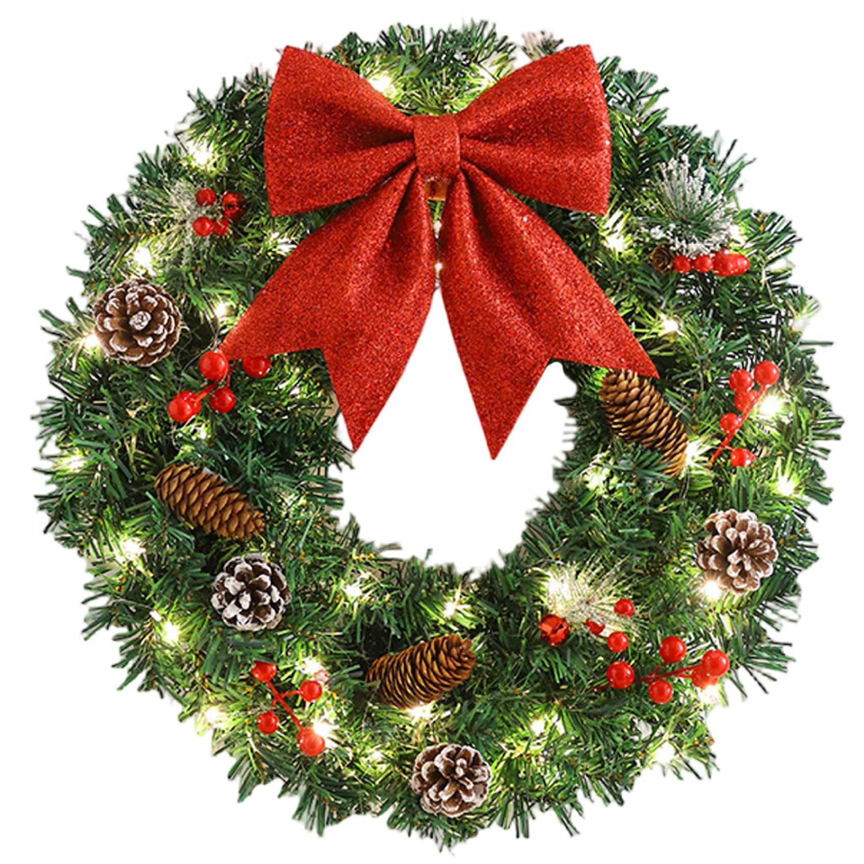 Couronne de Noël éclairée haut de gamme de 40,6 cm avec grand nœud traditionnel