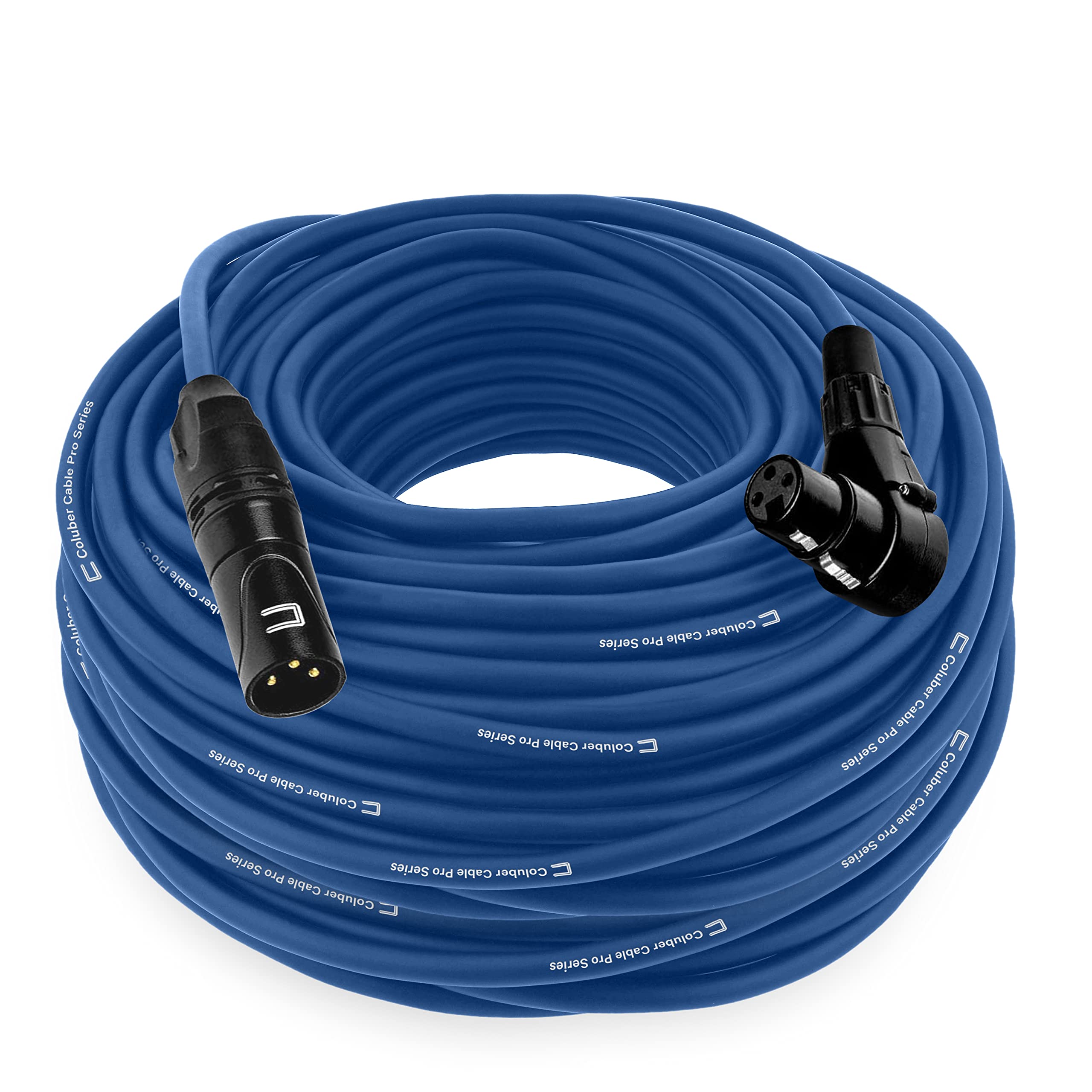Balanced XLR Cable Male to Right Angle Female - 100 Feet Blue - Pro 3-Pin Microphone Connector for Powered Speakers, Audio Interface or Mixer for Live Performance & Recording