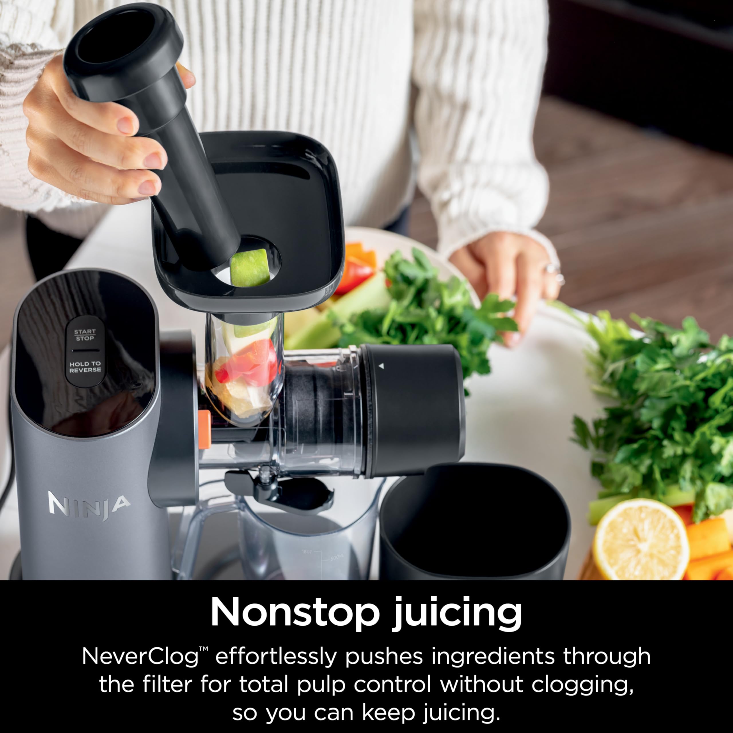 Ninja NeverClog 150 W Cold Press Juicer with 18oz Jug, 30oz Pulp Container, 2-Speed, Compact, Anti-drip lever (JC150) (Renewed)
