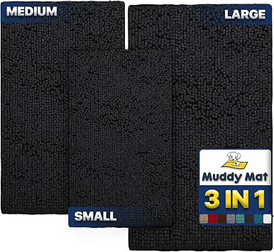 Muddy Mat Pack of 3 Highly Absorbent Microfiber Dog Door Mat and Pet Rug, Non Slip Thick Washable Area Mat Soft Chenille for Kitchen Bathroom Bedroom and Outdoor - Black Small, Medium & Large