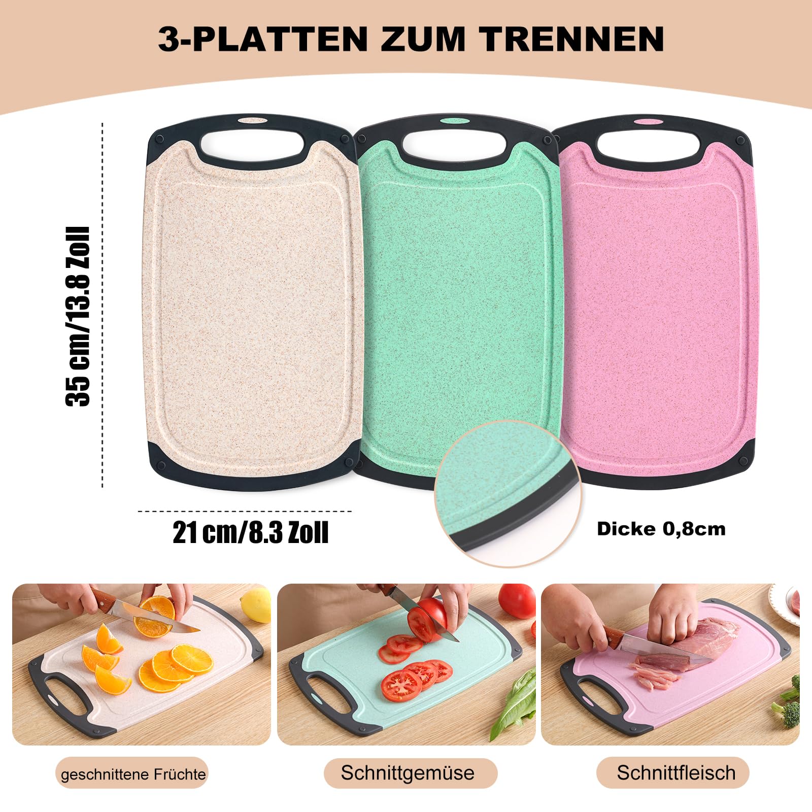 Set di 3 taglieri in paglia di grano, senza BPA, con scanalature per succo, facili da impugnare, con fori per appenderli, antiscivolo, lavabili in lavastoviglie (beige, verde, rosa) 35 x 21 cm