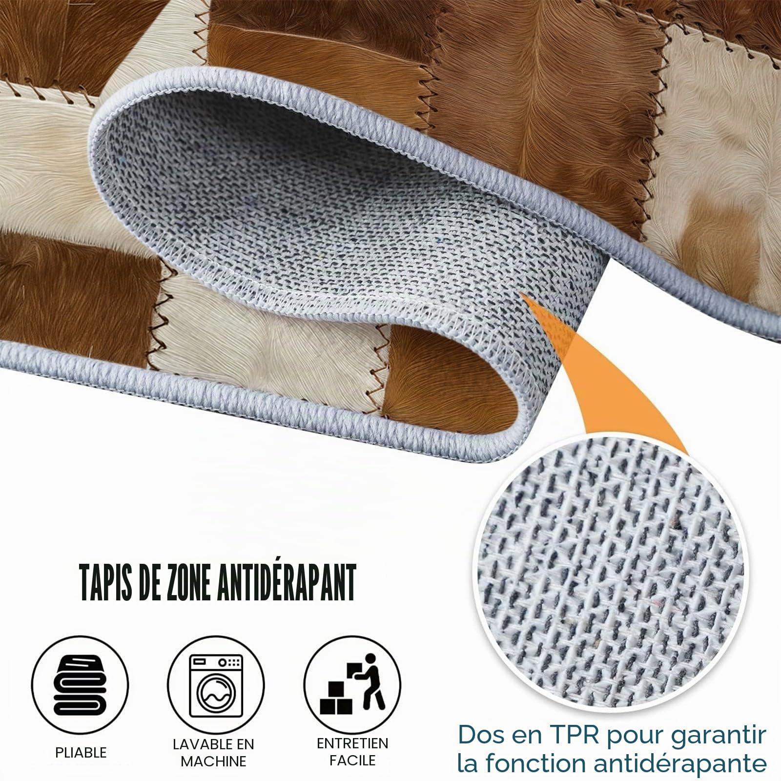 Générique Tapis Salon Lavable 160x230 cm Tapis Chambre, Rayures en Patchwork de Cuir de Vache Tapis Pile Courte et Douce Rectangulaire Tapis pour Les couloirs Antidérapant Tapis Style Ferme Tapis