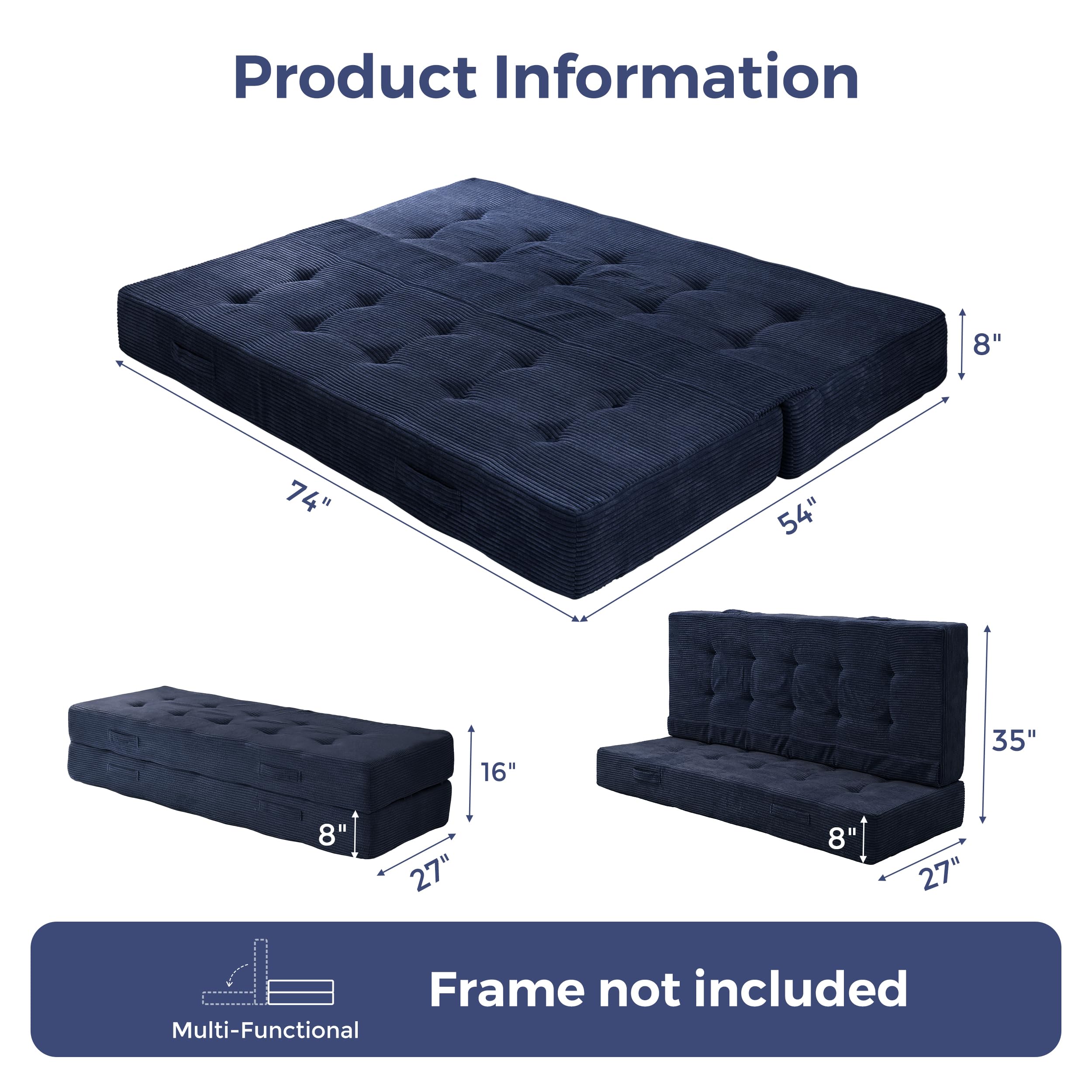 MAXYOYO Foldable Mattress, 8-Inch Tufted Futon Mattress with Handles | Tufted Floor Sofa Bed and Versatile Mattress, Carry Handles for Living Rooms or Guest Rooms, Frame Not Included, Navy