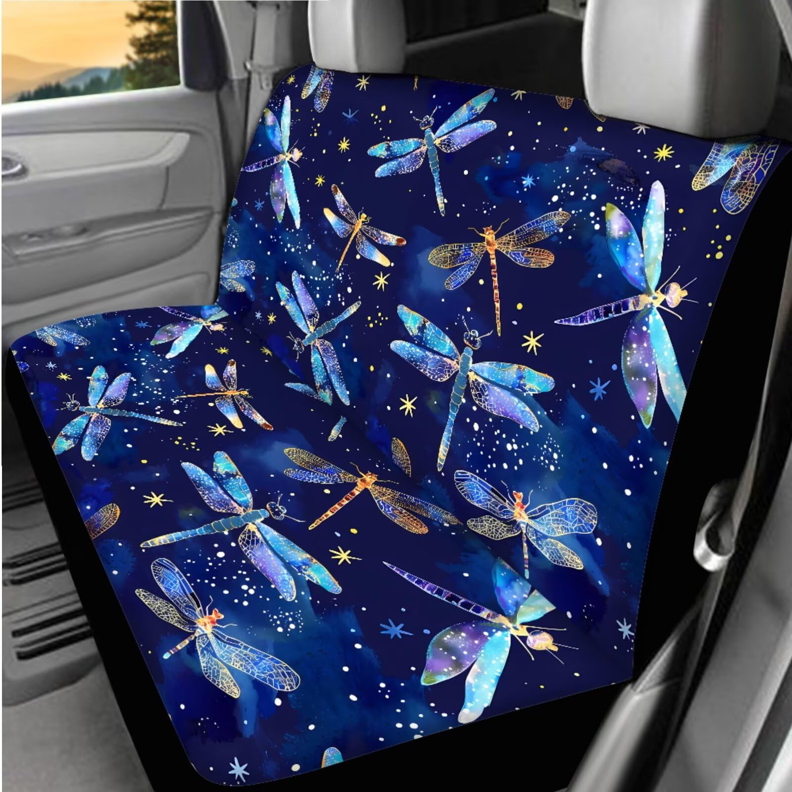 Set completo di 14 coprisedili per auto, motivo libellula blu, coprivolante con libellula fluo, imbottiture per cinture di sicurezza, sottobicchieri, copribraccioli, copertura per freno a