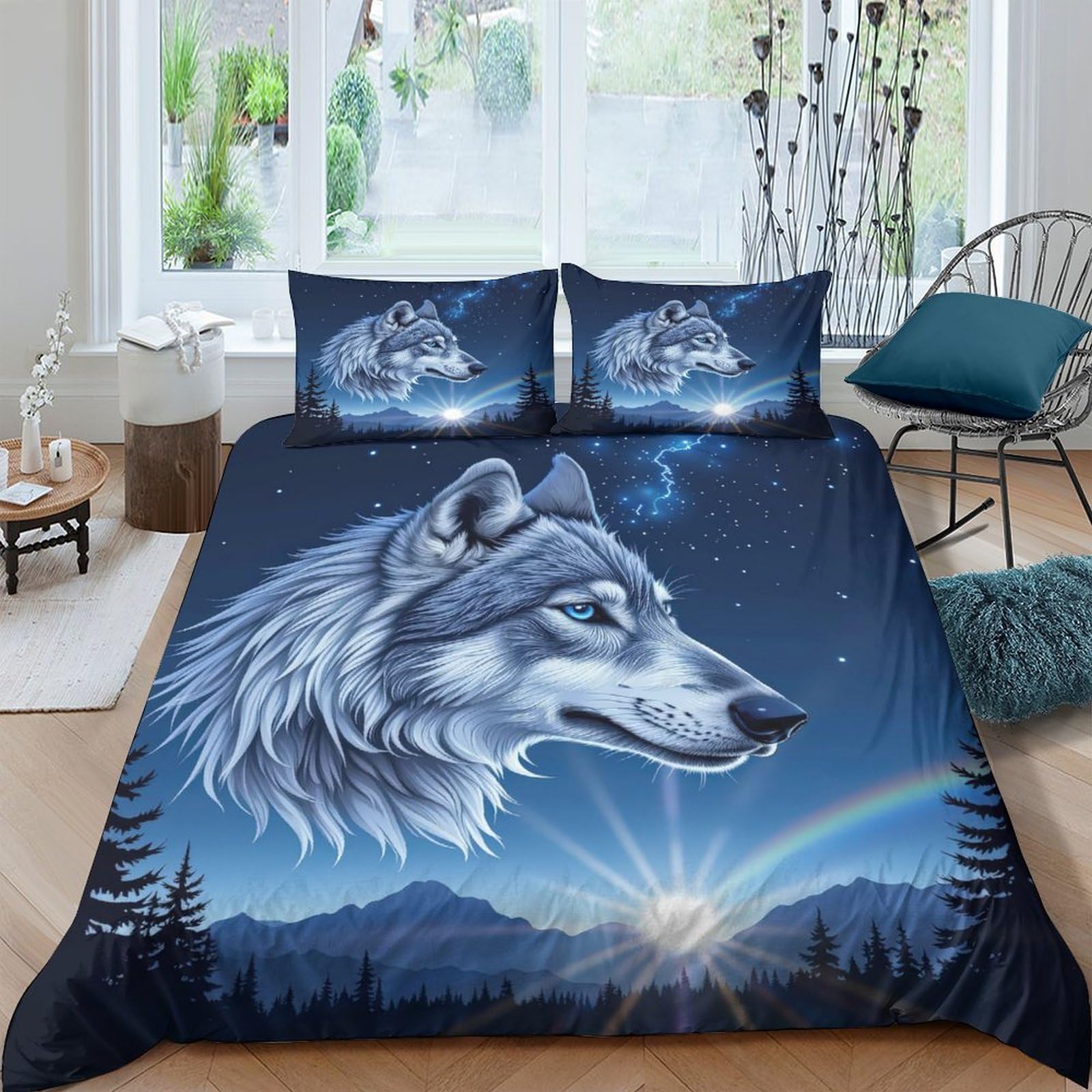 Ctjqhvkz Style-3 3D Printed Wolf Moon Fitted Sheet Microfiber Soft Blue Forest Sunrise Bed Cover For Bedroom Guest Room Decor Single（135X200cm）