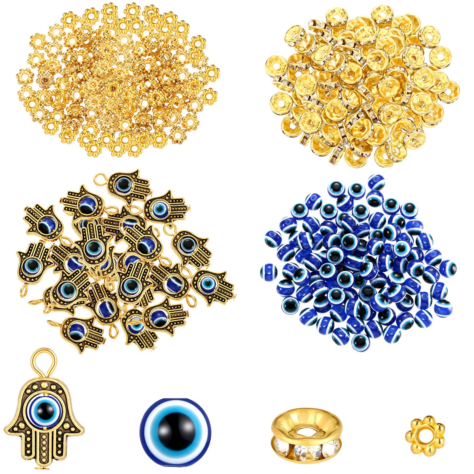 Hicarer 320 Pieces Evil Eye Charms Set Includes 100 Evil Eye Beads 20 Hand Evil Eye Charms 100 Czech Crystal Spacer Bead 100 Plum Shaped Charms Bead for DIY Jewelry Making (Gold)