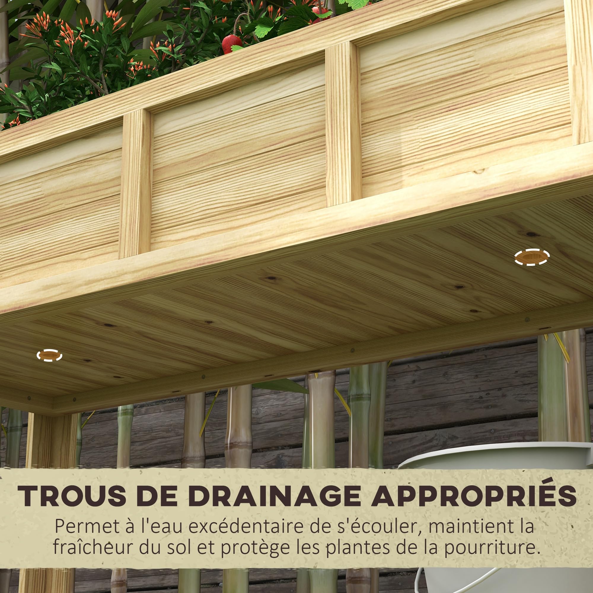 Outsunny Jardinière sur Pieds - Potager avec séparateur Amovible, étagère, Inserts d'irrigation, Feutre de Drainage Inclus - Dim. 115L x 46l x 75H cm - Bois Massif Sapin