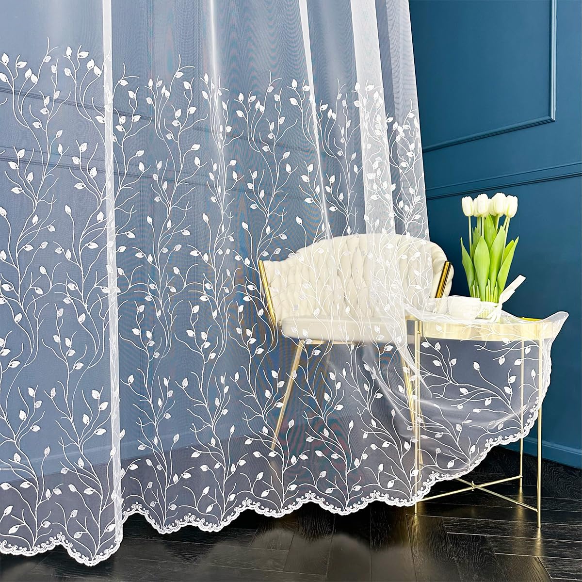 Weiß 500x160 cm (BxH) Anissa Tüll Lang Kurz Vorhänge Kräuselband Wohnzimmer Gardinenschals Schlafzimmer Blumen Muster