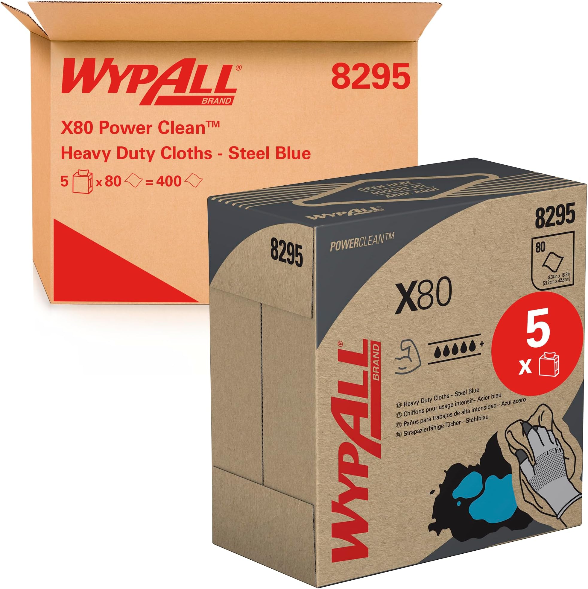 X80 Power Clean Blue Cleaning Cloths 8295 - Reusable Cloths - 5 POP-UP Boxes x 80 Blue Absorbent Cloths (400 Total)