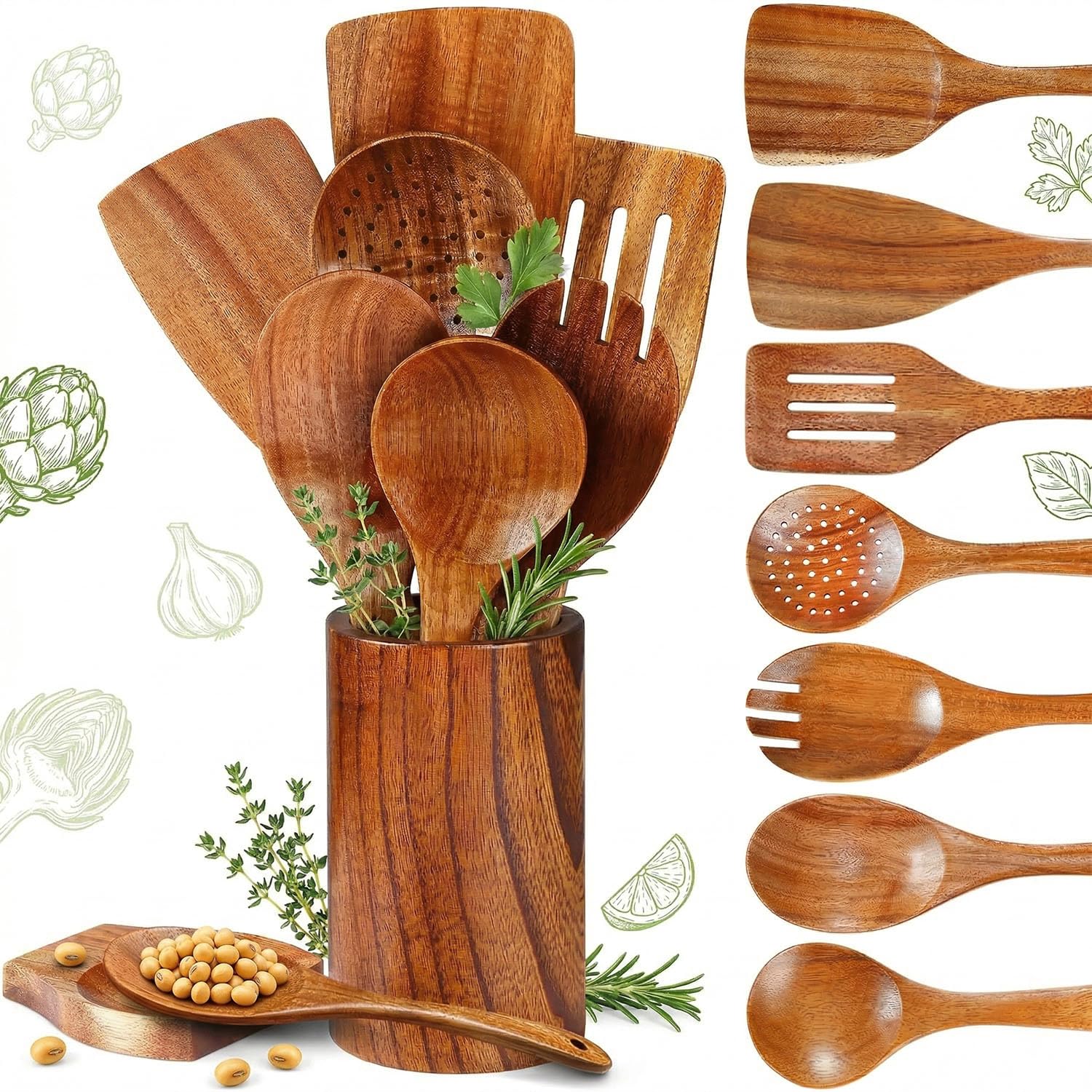 Lot de 9 cuillères de cuisine en bois naturel avec support, poignée confortable, ustensiles en bois antiadhésifs pour la cuisine – Cuillère en bois, spatule en bois, louche à soupe
