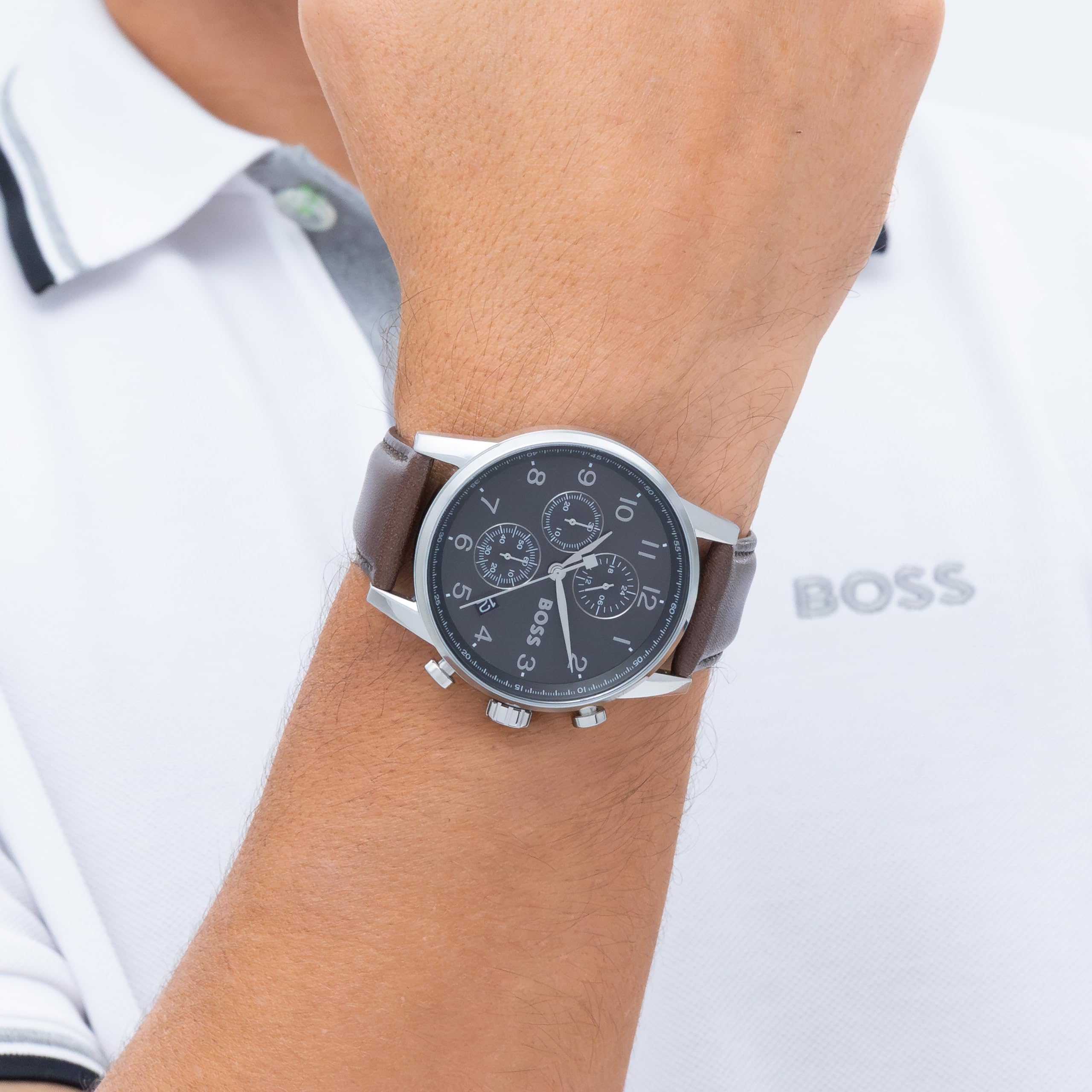 BOSS Chronograph Quarz Uhr für Herren Kollektion Navigator mit Edelstahl-Mesh-Gliederarmband oder Lederarmband