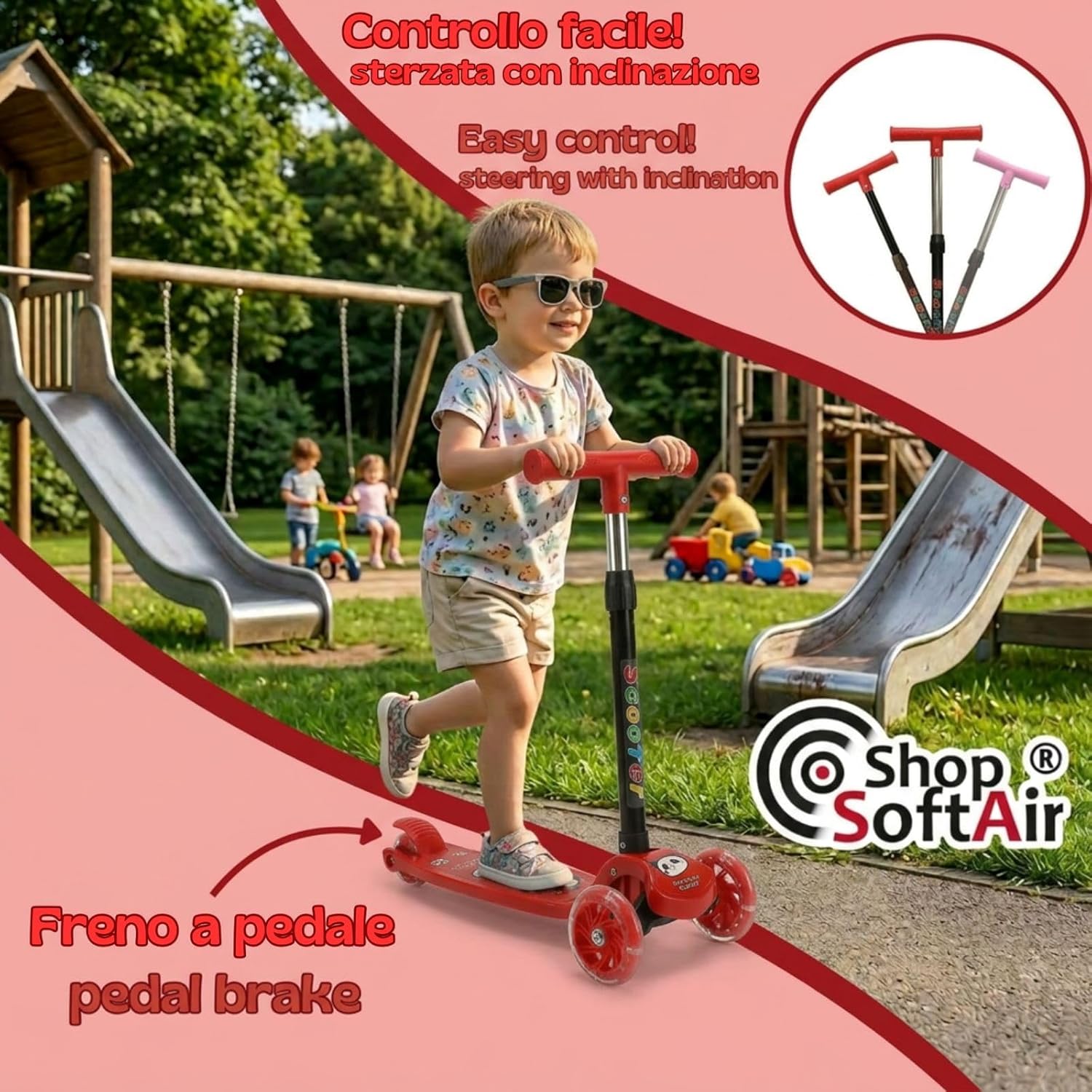 3 Wheel Scooter for Children 3+, Adjustable Handlebars in 4 Heights, LED Wheels, 4 Colours, Max 20 kg