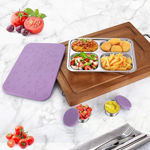 Miniatura 2 de Caja Bento de acero inoxidable con 2 tazas de salsa, 4 compartimentos de alta calidad, lonchera de metal para niños o adultos (lavanda)