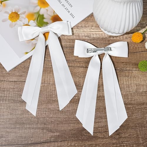 Miniatura 6 de Aileam 2 lazos de satén sedoso para el cabello, pinzas para el cabello blanco, accesorios para cola de caballo, clips de metal, lazo para el cabello