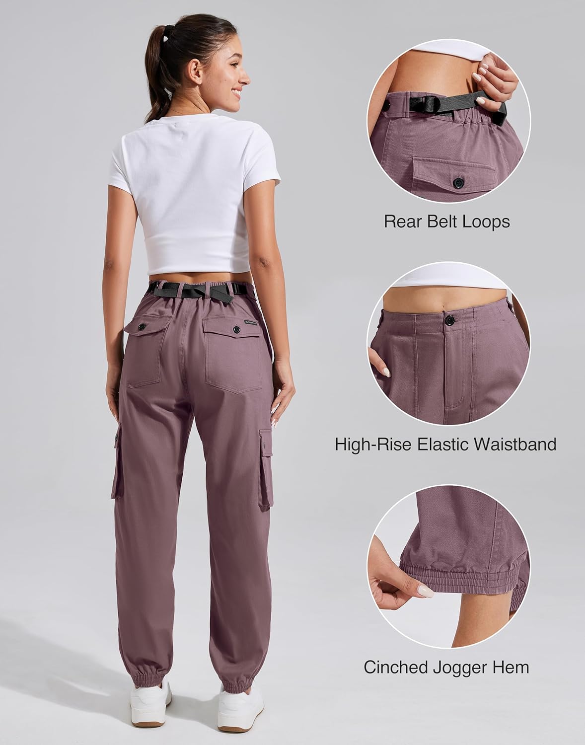 Pioneer Camp Women's Stretchy Cargo Pants with Pockets High-Rise Casual Hiking Cotton Joggers Adjustable Waistband with Belt - Image 5
