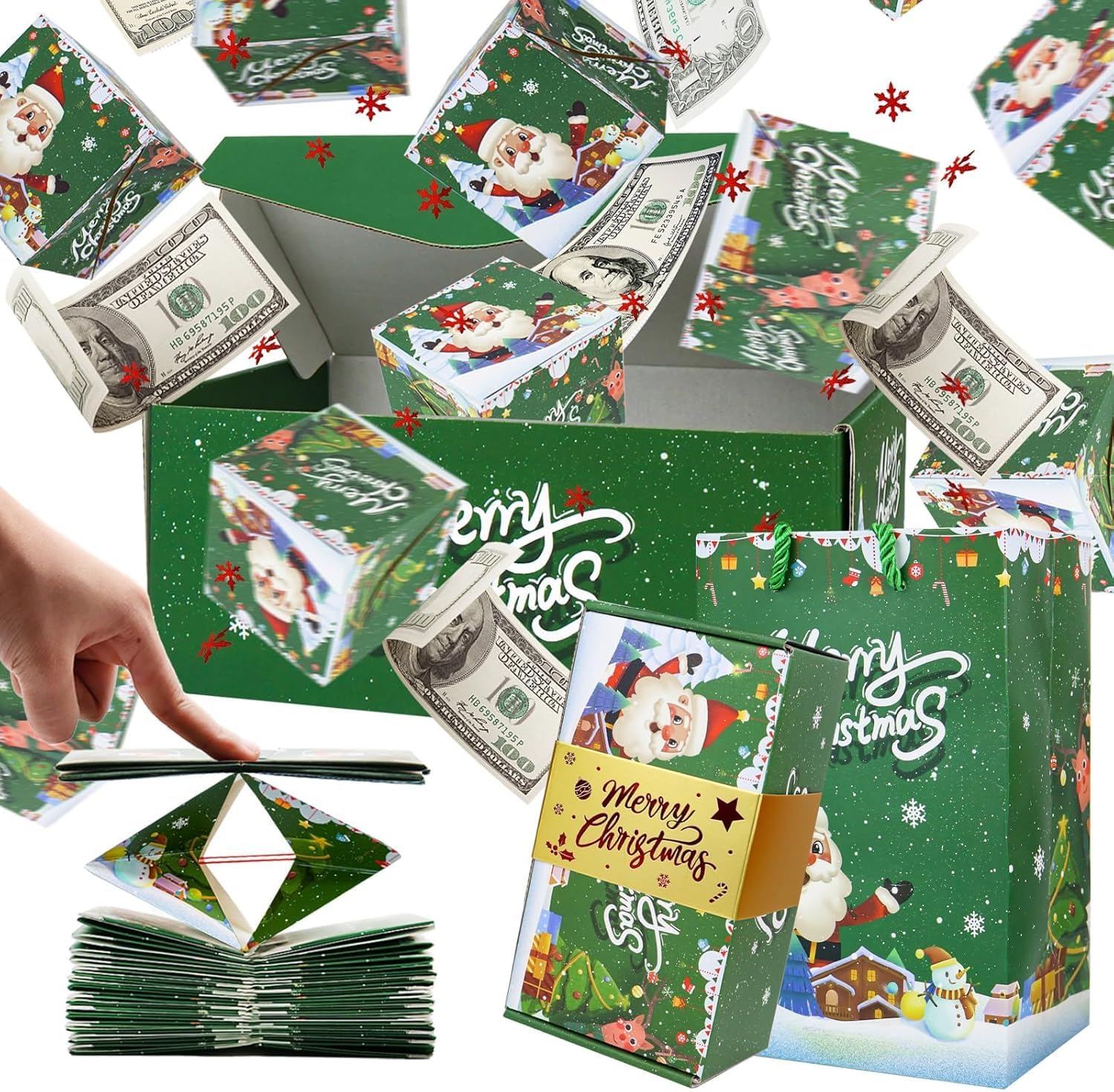 Surprise Gift Box Explosion for Money, Folding Bouncing Pop-Up Explosion Gift Box, Christmas Pop Up Cash Box, Christmas Surprise Box, Gifts Boxes for Holiday (Green, 20 Bounces)
