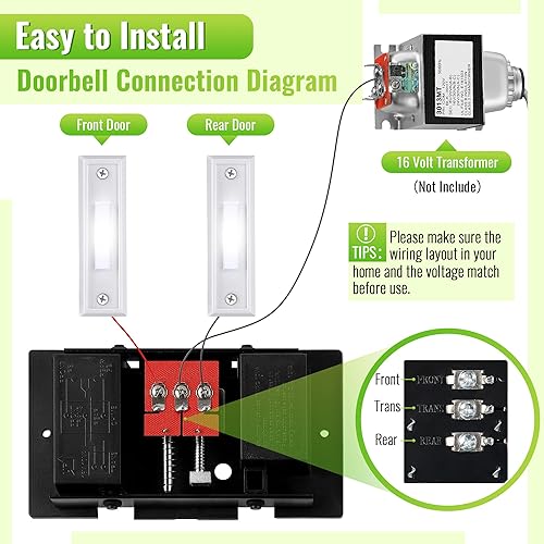 Miniatura 5 de Saillong Kit de timbre con cable, 2 botones de timbre iluminados de 16 V 10 VA con 2 notas para puerta delantera, trasera y timbre para pared