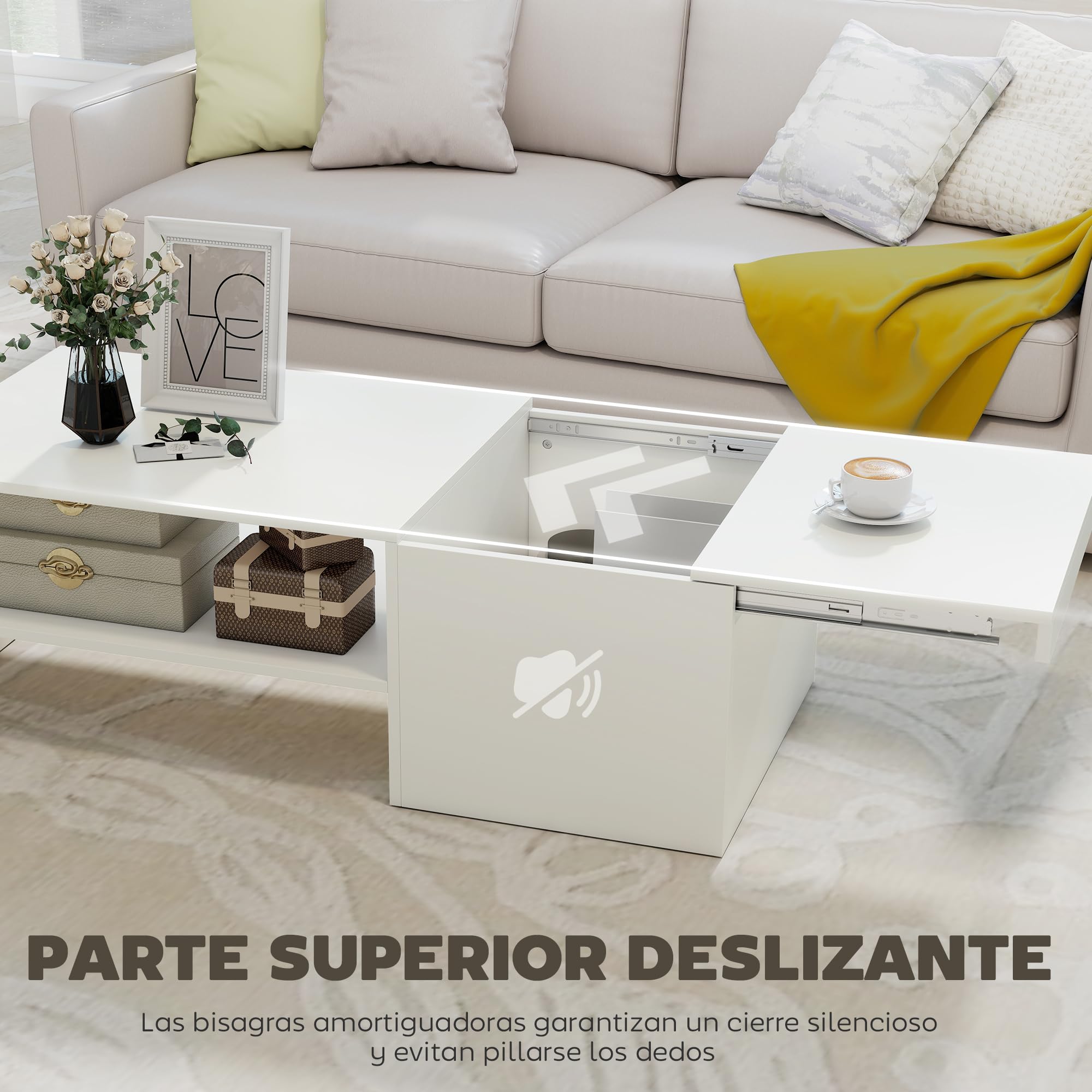 HOMCOM Mesa de Centro con Tablero Deslizante Moderna 110x52x36 cm Blanco | Mesa Baja para Salón Moderna, con Compartimento Oculto, Estante Abierto, para Comedor, Oficina