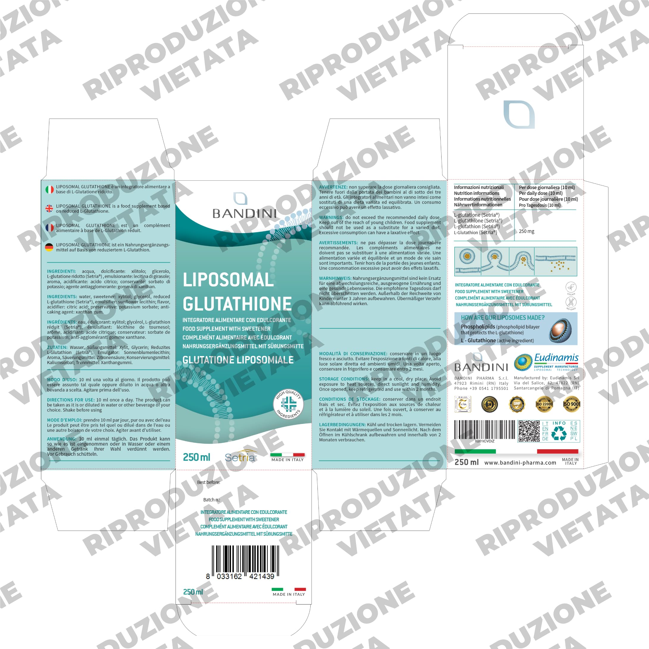 Bandini® Glutatione Liposomiale 250ml | 250mg di L-Glutatione Setria Ridotto e Bioattivo da Fermentazione per Dose | Antiossidante, Anti Invecchiamento, Contrasta i Radicali Liberi | Senza OGM, Vegan