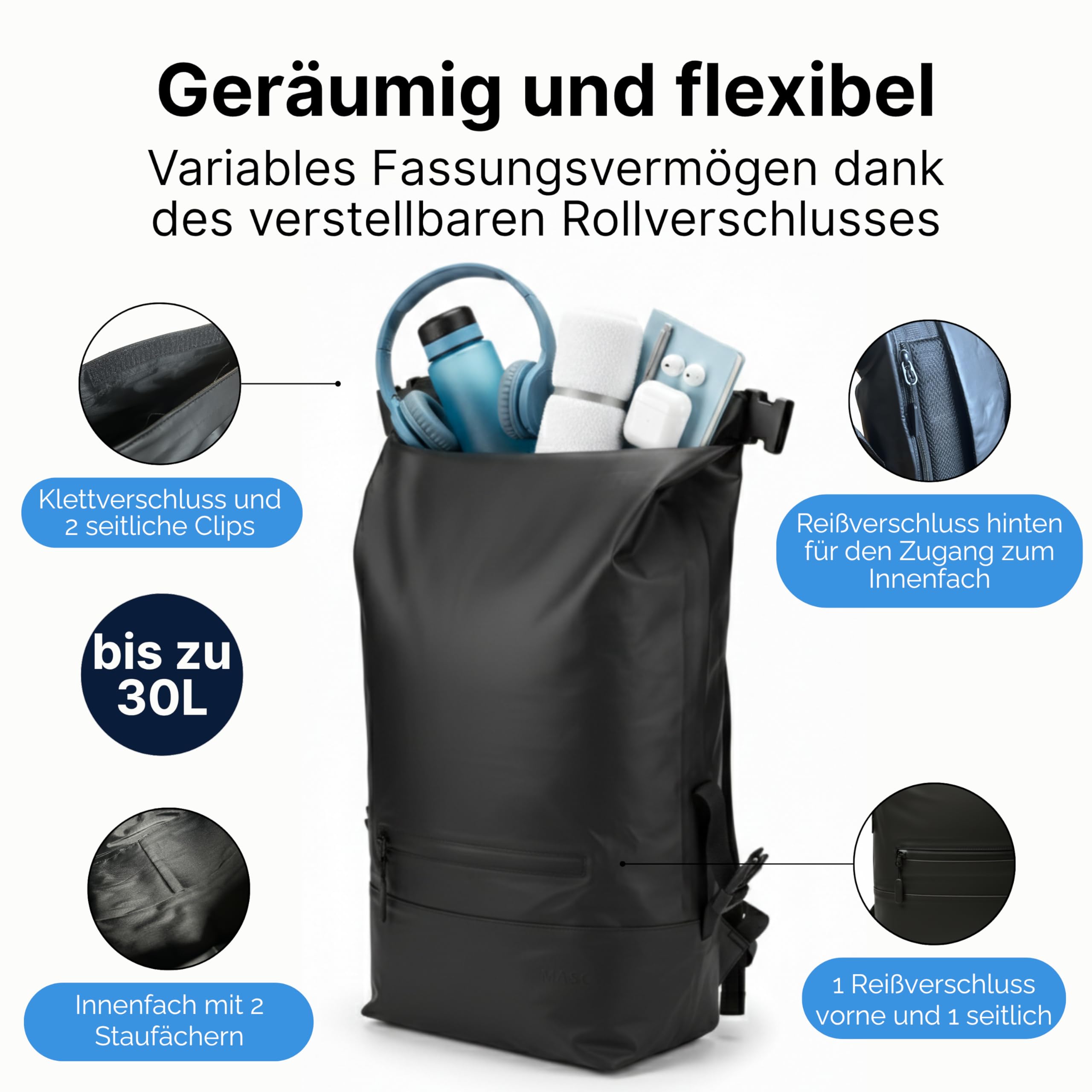 Rolltop-Rucksack für das Büro, Eleganter und Wasserdichter Rucksack für die Arbeit mit Platz für einen 17-Zoll-Laptop – ideal für Damen und Herren