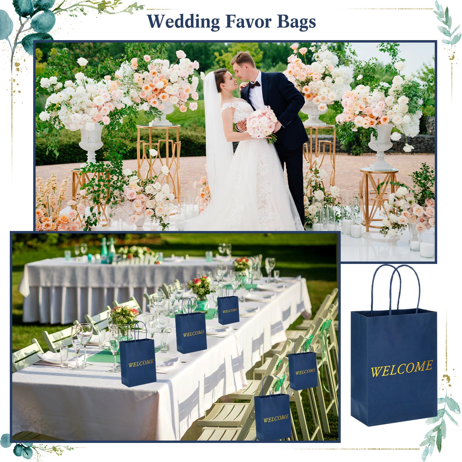 Jexine 100 bolsas de regalo de bienvenida de 5.9 x 3.1 x 8.1 pulgadas, bolsas de bienvenida de papel kraft para bodas, invitados de hotel, visitantes de iglesia, compras al por menor (azul marino)