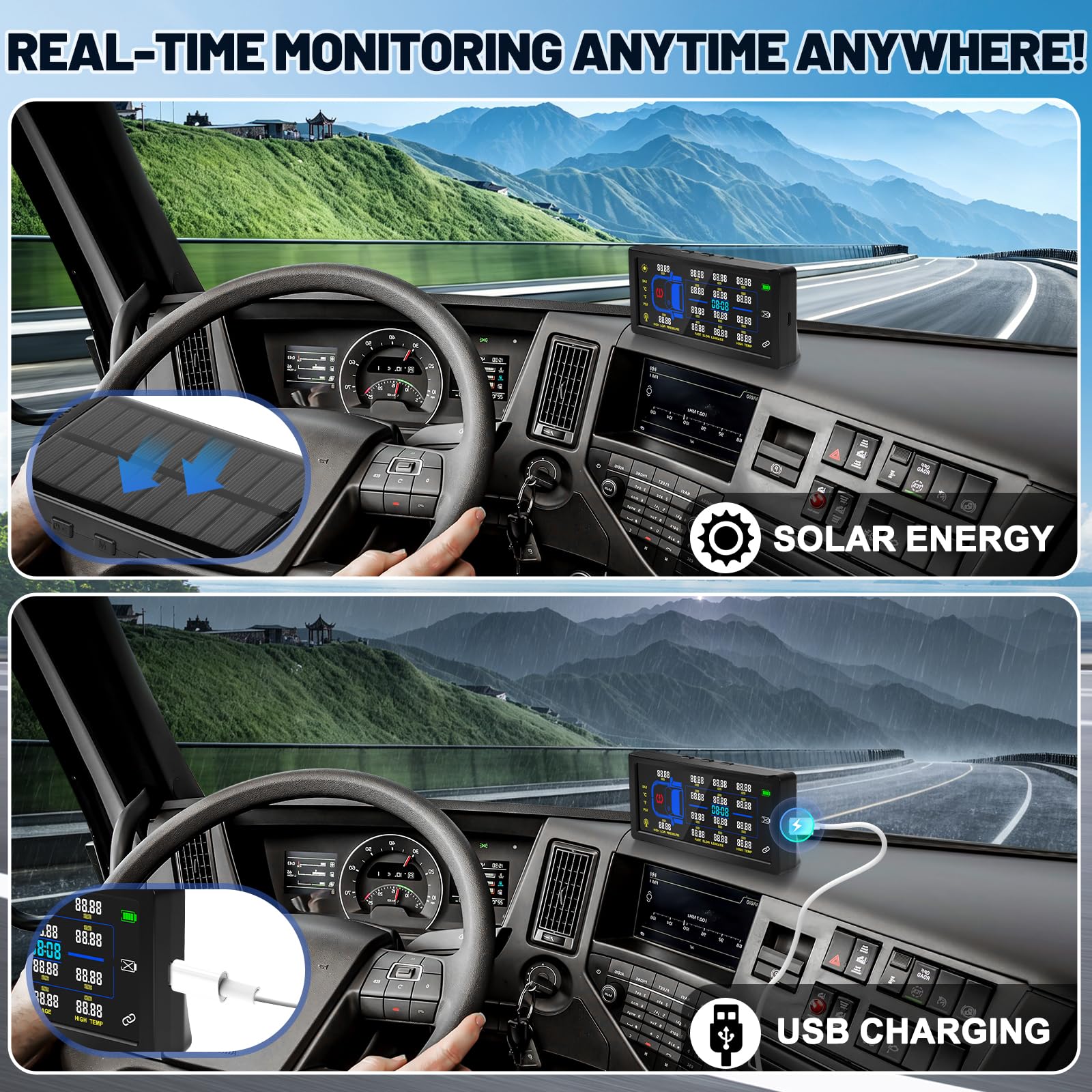 TPMS Reifendruckkontrollsystem mit 7 Zoll Farbdisplay, 10 Kupferkern-Sensoren& Repeater, Solar & USB Aufladung, einstellbar für 4/6/8/10 Räder, Echtzeit Reifendruck- und Tempera