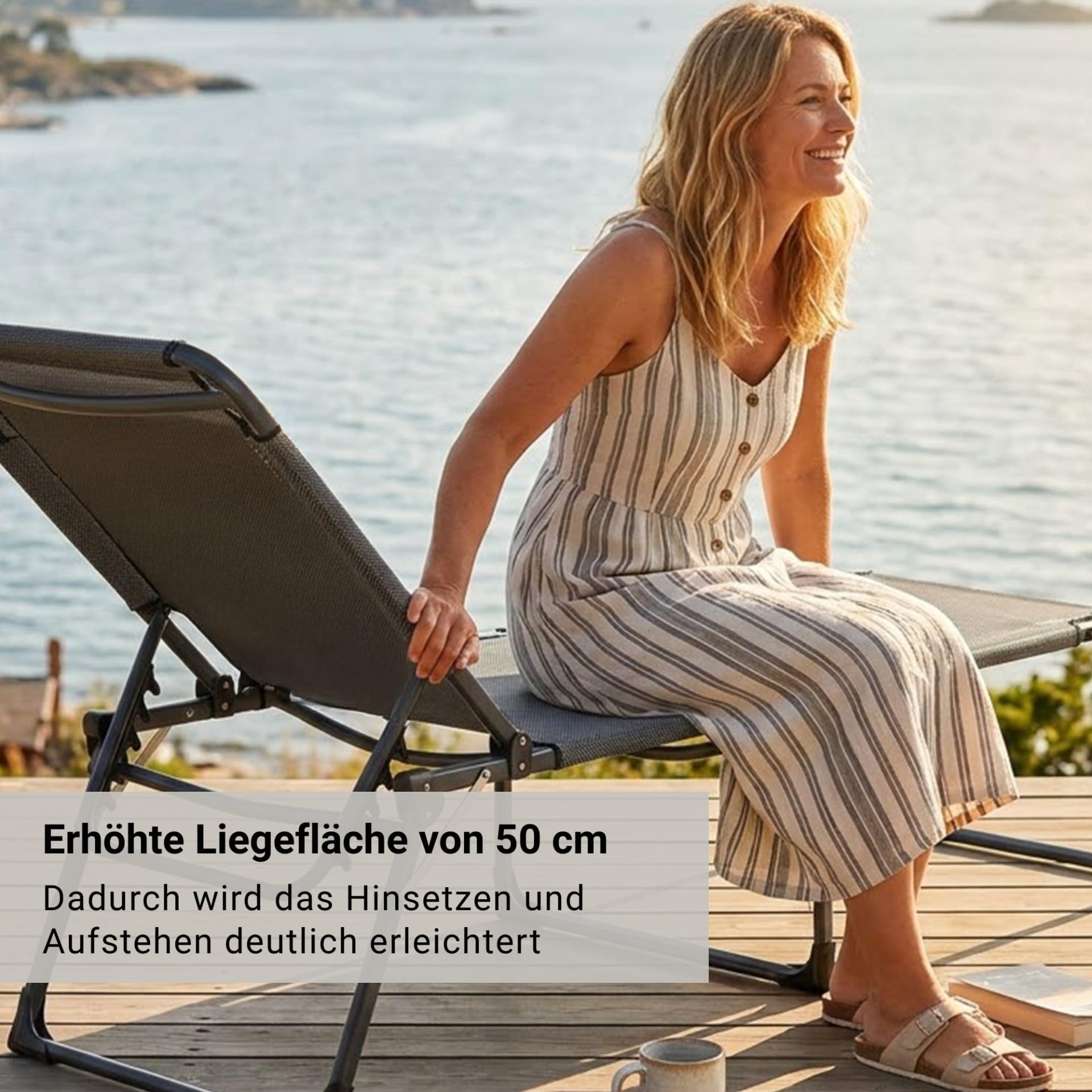 hausratplus Sonnenliege XXL Dreibeinliege Soft Touch 3D gepolstert | Abmessungen: 215 x 70 x 50/90 cm (L x B x H) 130 kg Tragkraft | 4-Fach verstellbares Kopfteil | zusammenklappbar anthrazit/grau
