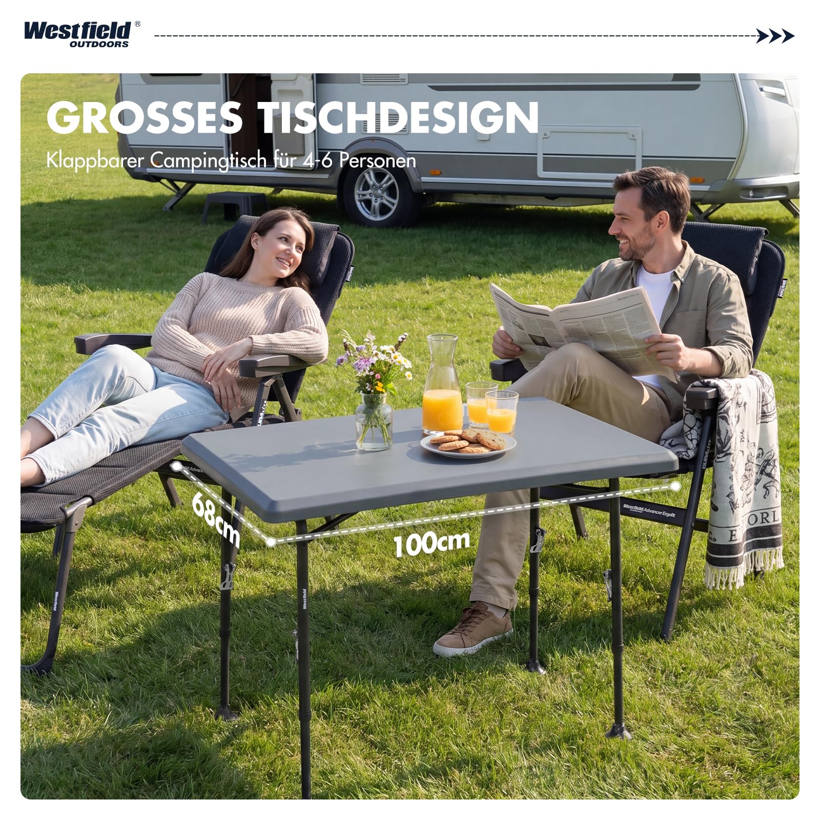 Westfield Outdoors Resino, Campingtisch klappbar Höhenverstellbar Klapptisch 100x68cm für 4-6 Personen, Robuste ABS-Tischplatte, Wasserdicht & stabil, für Camping, Garten, Picknick, Grau