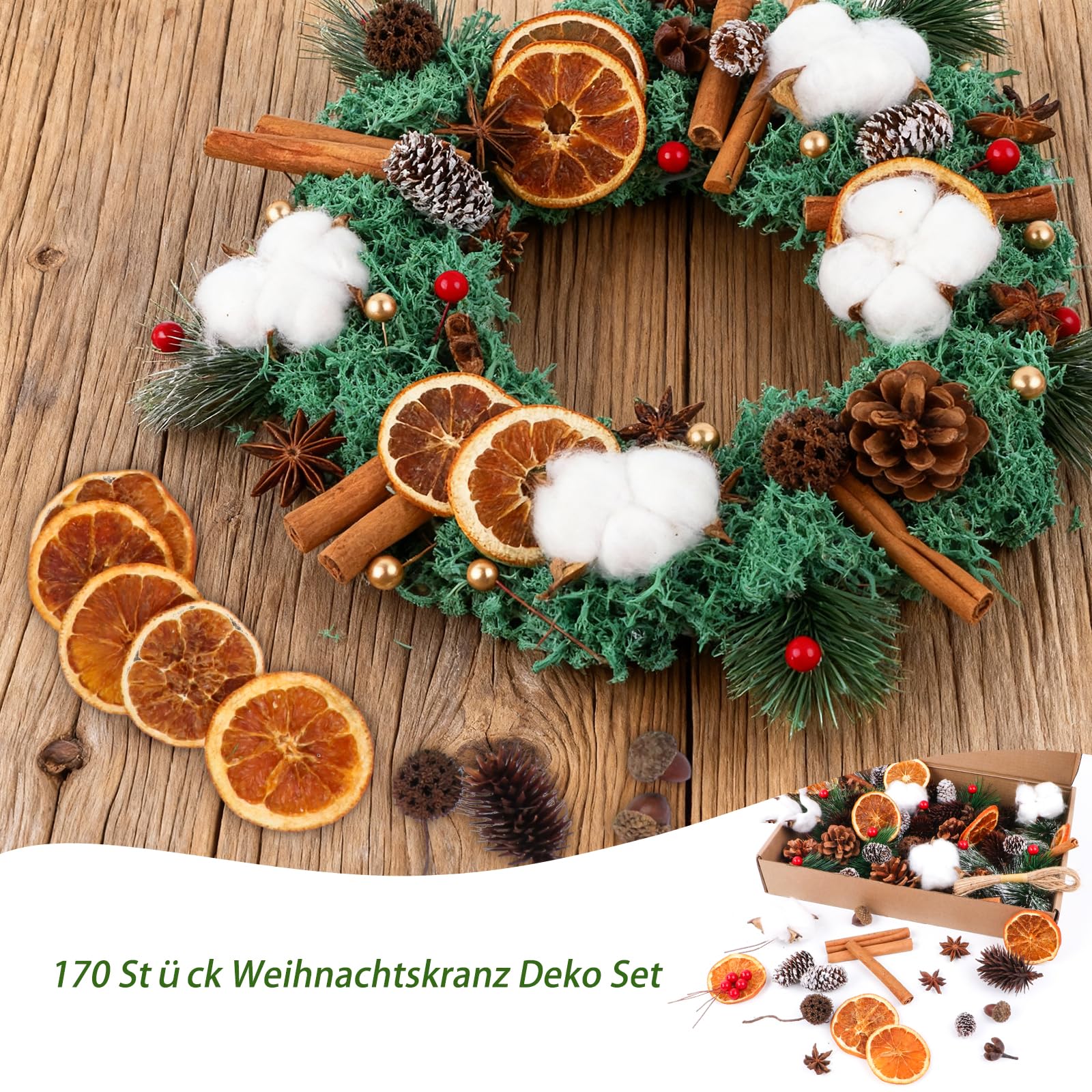 Set di 170 pezzi per corona di Natale - Accessori per corona dell'Avvento con cotone, fette di arancia essiccate, bastoncini di cannella, anice stellato, noci, pigne, bacche, rami di abete