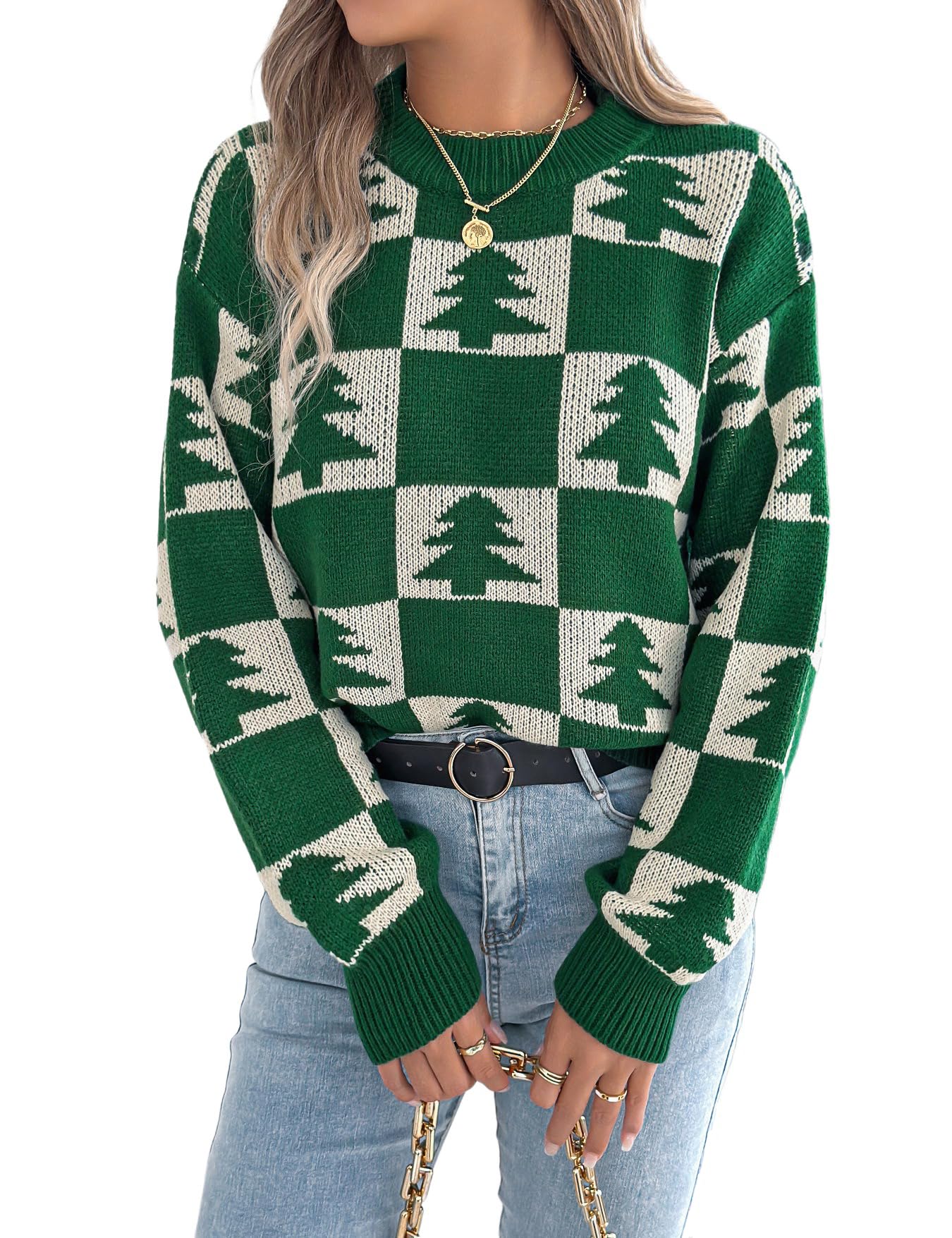 Mywinway Sweaters for Women Fall Winter Christmas Sweater Casual Checkered Pullover Tops Trendy Y2k Clothes