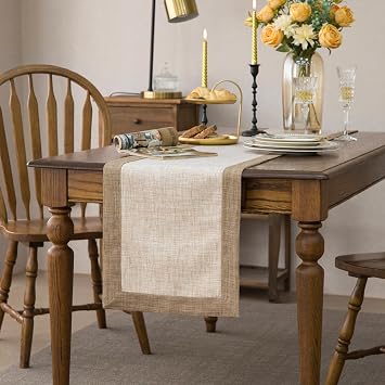 GLORY SEASON Solid Bordered Retro Table Runner Classic Textured Linen Style Rustic Washable Long Tablecloth Farmhouse Tea Table Runner Dresser Scarves for Kitchen Dining Room 14x72 Inch