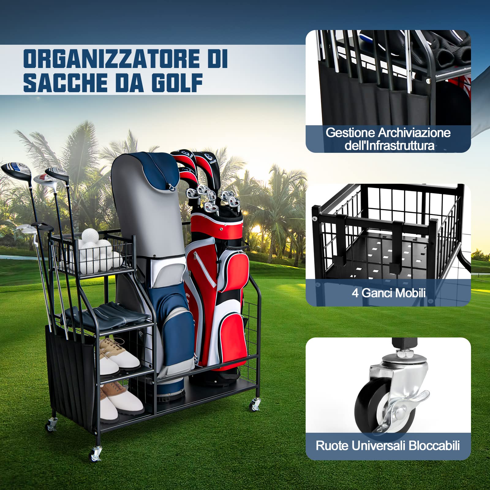 COSTWAY Organizer per Sacca da Golf per Garage, Carrello per 2 Borse da Golf con Ruote Bloccabili, Ganci e Tasche Porta Mazze da Golf, Organizer per Accessori da Golf e Attrezzature Sportive