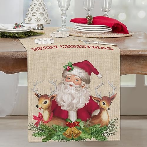 Bonhause Camino de mesa de Navidad de Papá Noel de 13 x 90 pulgadas, ciervos de Navidad, decoración de mesa de comedor para interiores y exteriores,