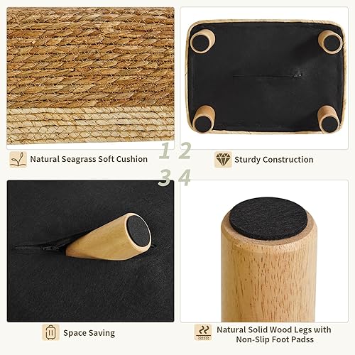 Miniatura 7 de YMYNY Taburete otomano rectangular pequeño reposapiés natural tejido a mano con patas de madera, reposapiés acolchados al aire libre para sala de