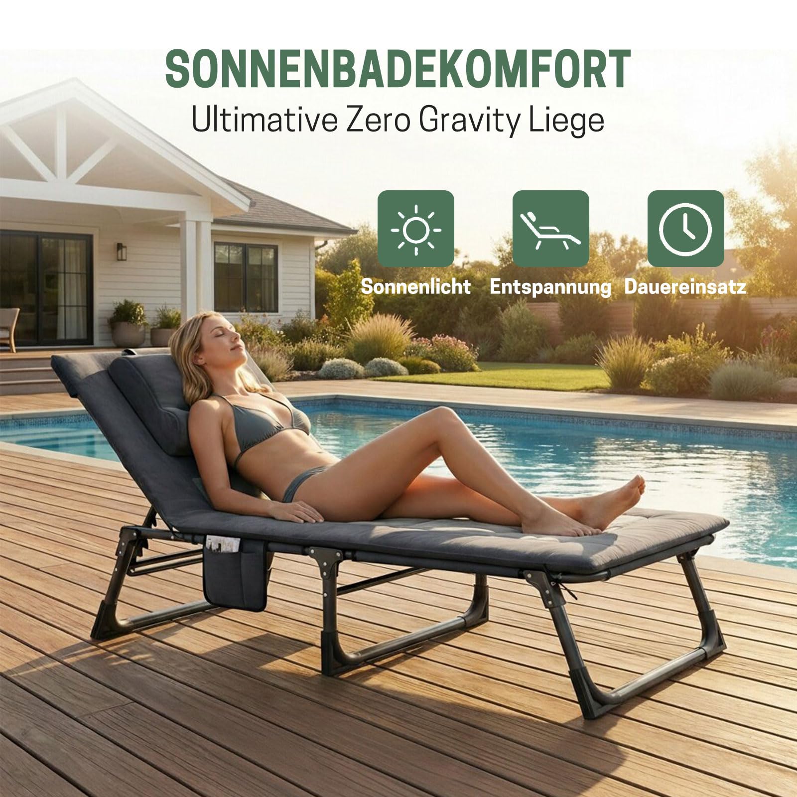 Klappbare Sonnenliege mit Verstellbarer Rückenlehne, Matratze & Kopfkissen - Tragbare Gartenliege für Pool, Terrasse, Camping, Grau