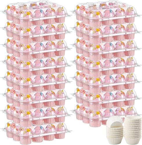 Contenedores para cupcakes, 12 unidades estándar (12 unidades x 15 juegos), cajas resistentes y fuertes para 12 cupcakes, soportes desechables para