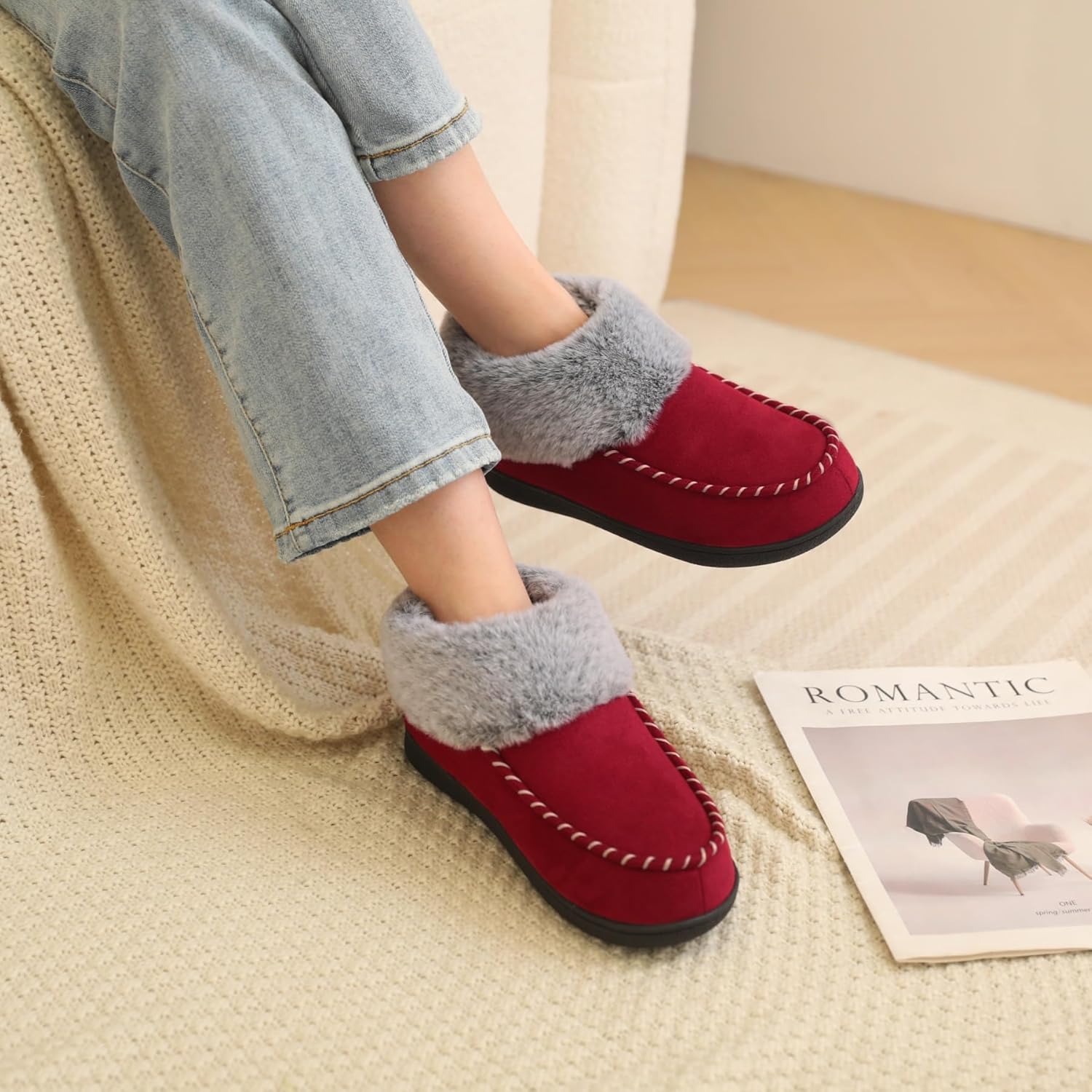 VONMAY Women's Bootie Slippers Suede Moccasin Boots Fuzzy Plush Faux Fur House Shoes Winter Warm Memory Foam Non-slip Indoor Outdoor - Image 3