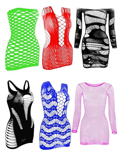 LEMON GIRL 6 Pieces Women's Fishnet Lingerie Top Mesh Babydoll Chemises Dress General Size - Green,red,black,black,blue,rose