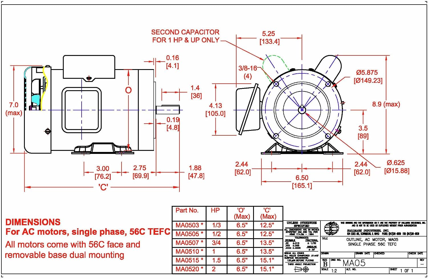 Lowest Price Hallmark Industries AC Motor, 1.5 HP, 3450RPM, 1 Phase, 115/230V (MA0515B)