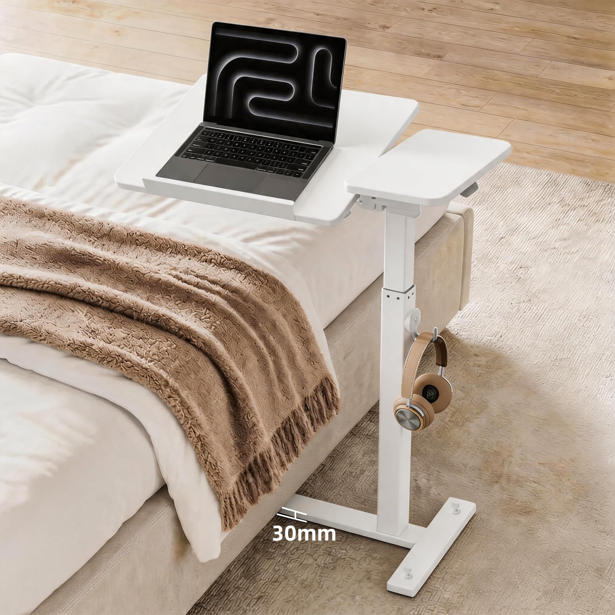 ETHU Klappbarer Beistelltisch mit Rollen, Höhenverstellbarer Nachttisch (68-108 cm) & Neigbare Tischplatte, Mobiler Computertisch Laptoptisch Kappbarer Überbetttisch für Bett, Sofa & Homeoffice, Weiß