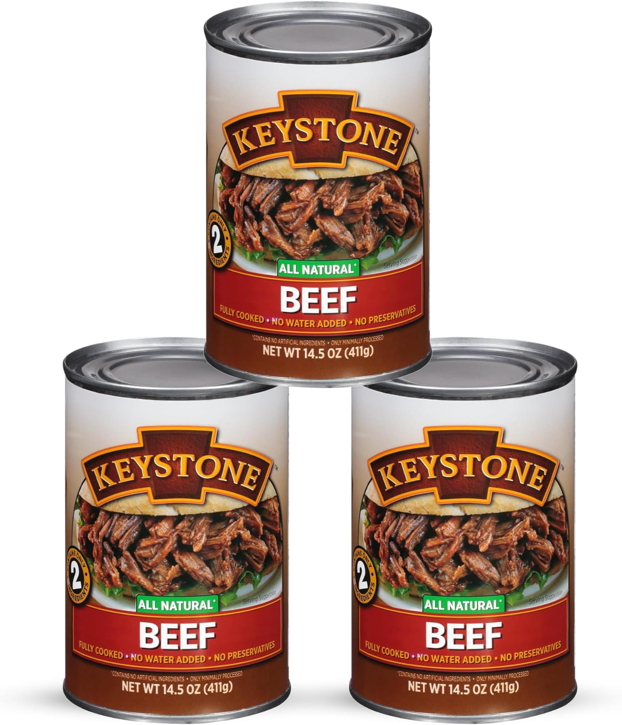 Keystone Meats All Natural Heat and Serve Canned Beef 14.5 Oz Fully Cooked Canned Meat Long Shelf Life Emergency Survival Canned Food Ready to Eat No Preservatives Gluten Free Made in USA Pack of 3