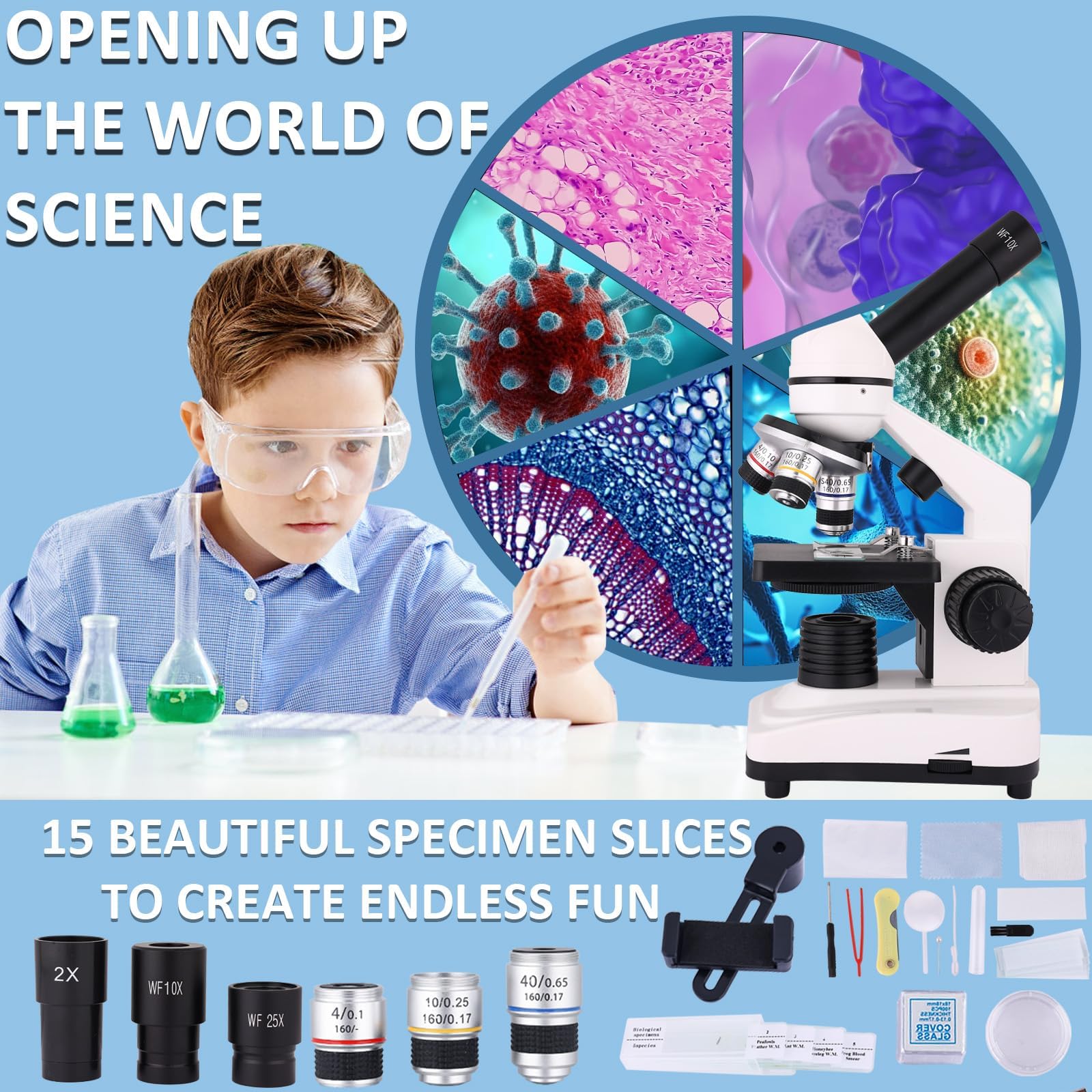 Herwicm Microscopio, microscopio 40X-2000X con adaptador de teléfono y juego de diapositivas, adecuado para estudiantes, laboratorio escolar y educación en el hogar (microscopio monocular)