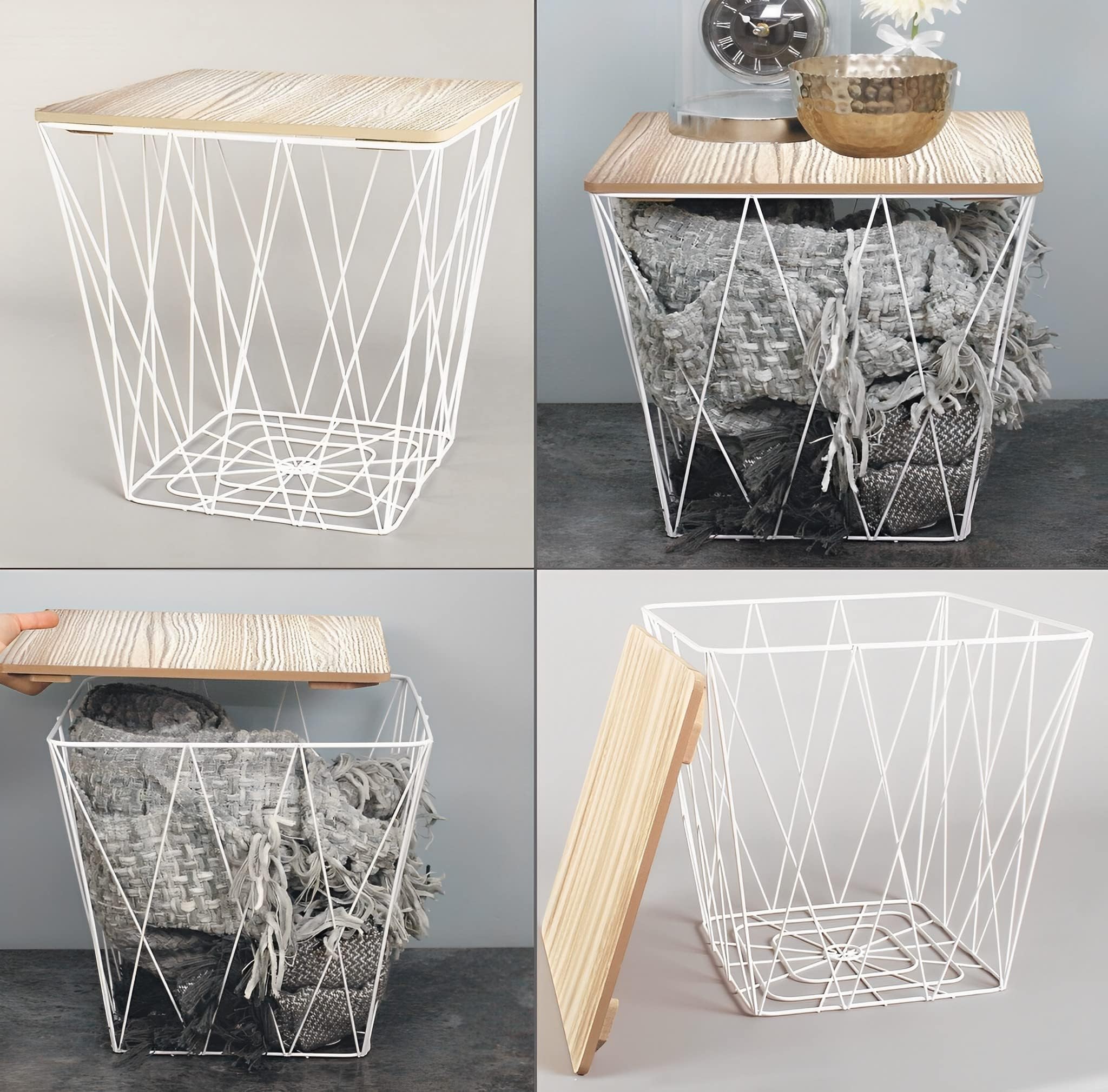 HAMPTON & STEWART BLACK COPPER METAL WIRE ROUND TOP STORAGE SIDE BASKET TABLE (Black, Large